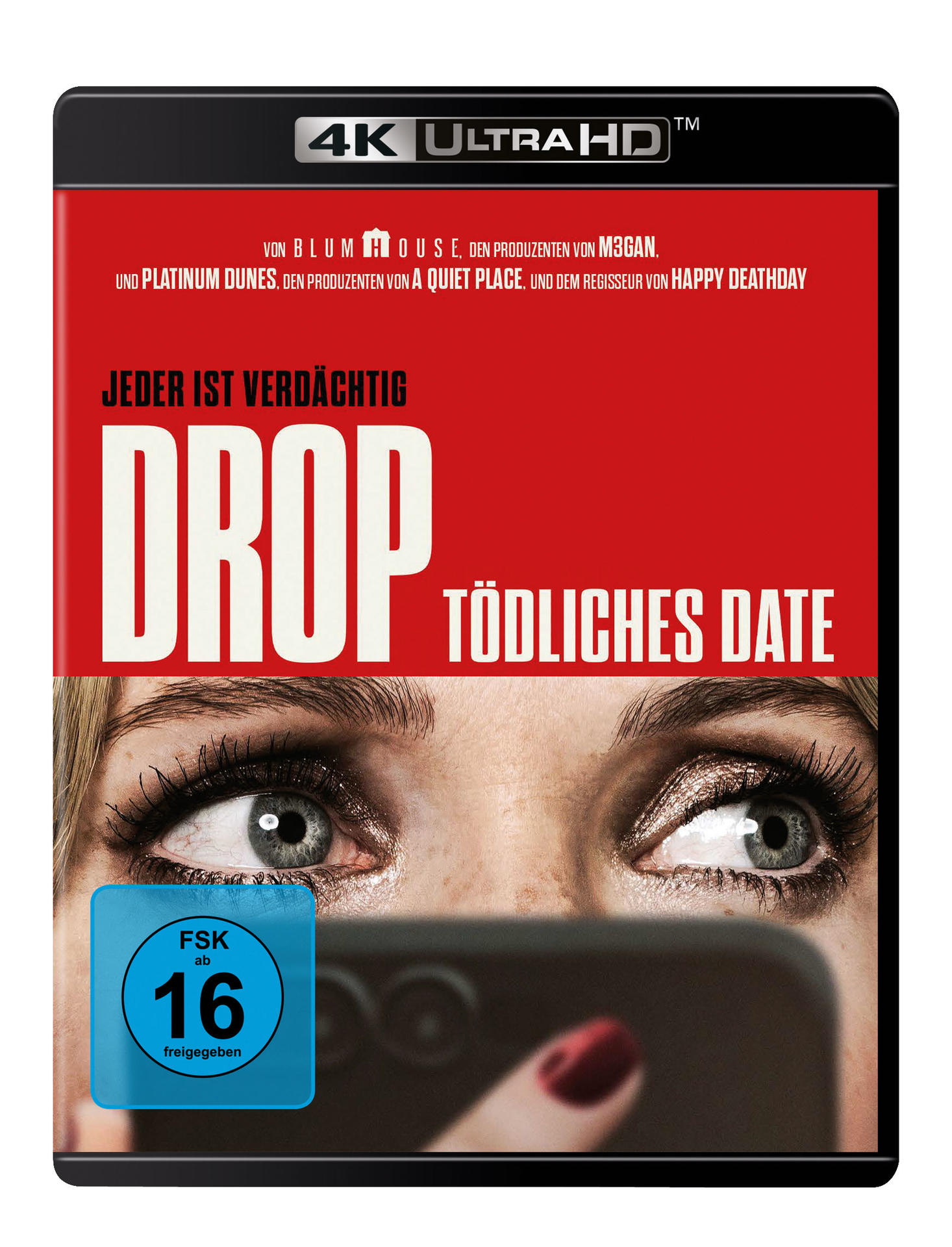 Filmcover mit Nahaufnahme eines Auges und dem Titel 'DROP'.