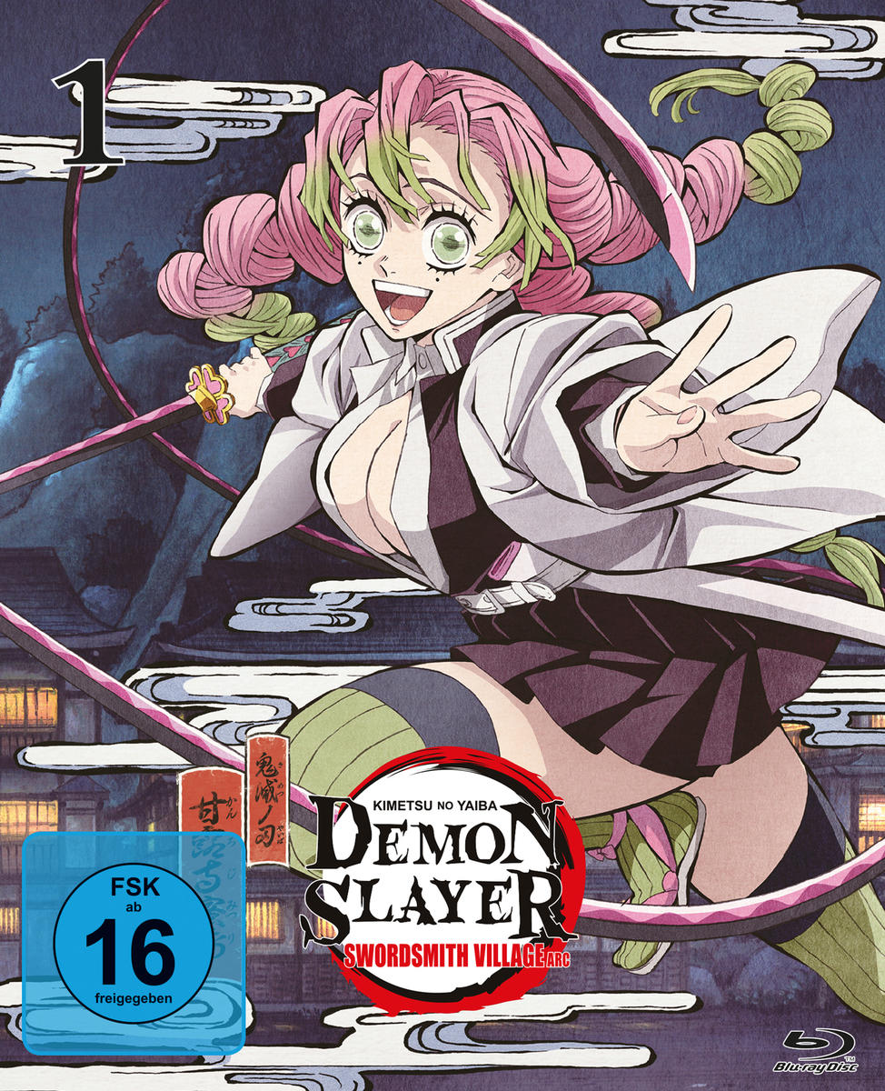 Anime-Cover-Art. Ein Mädchen mit rosa Haaren lächelt und hält ein Schwert. Titel: Demon Slayer.