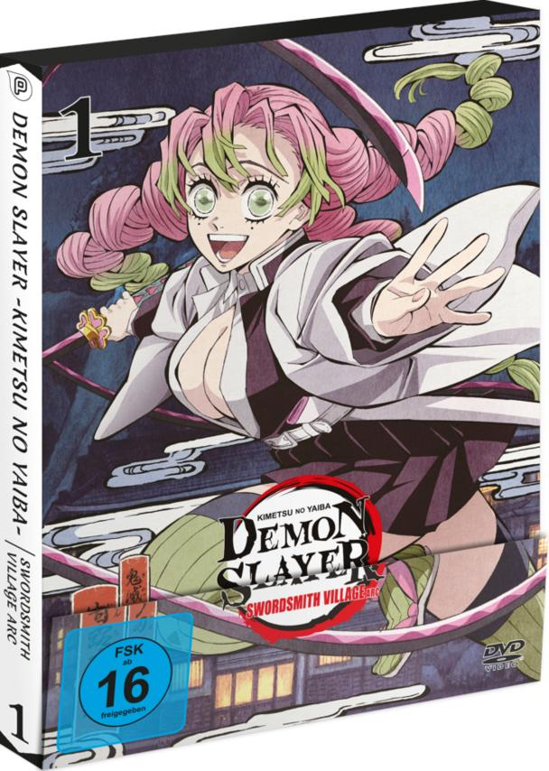 Anime-Cover: Eine Frau mit rosa Haaren, lächelnd. Titel: Demon Slayer. FSK 16-Bewertung.