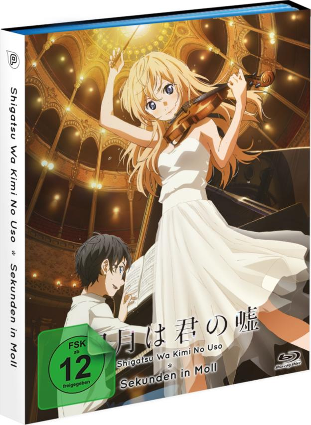 Blu-ray-Cover-Art. Ein Mädchen spielt Geige, ein Junge schaut Noten an. Titel: Your Lie in April.