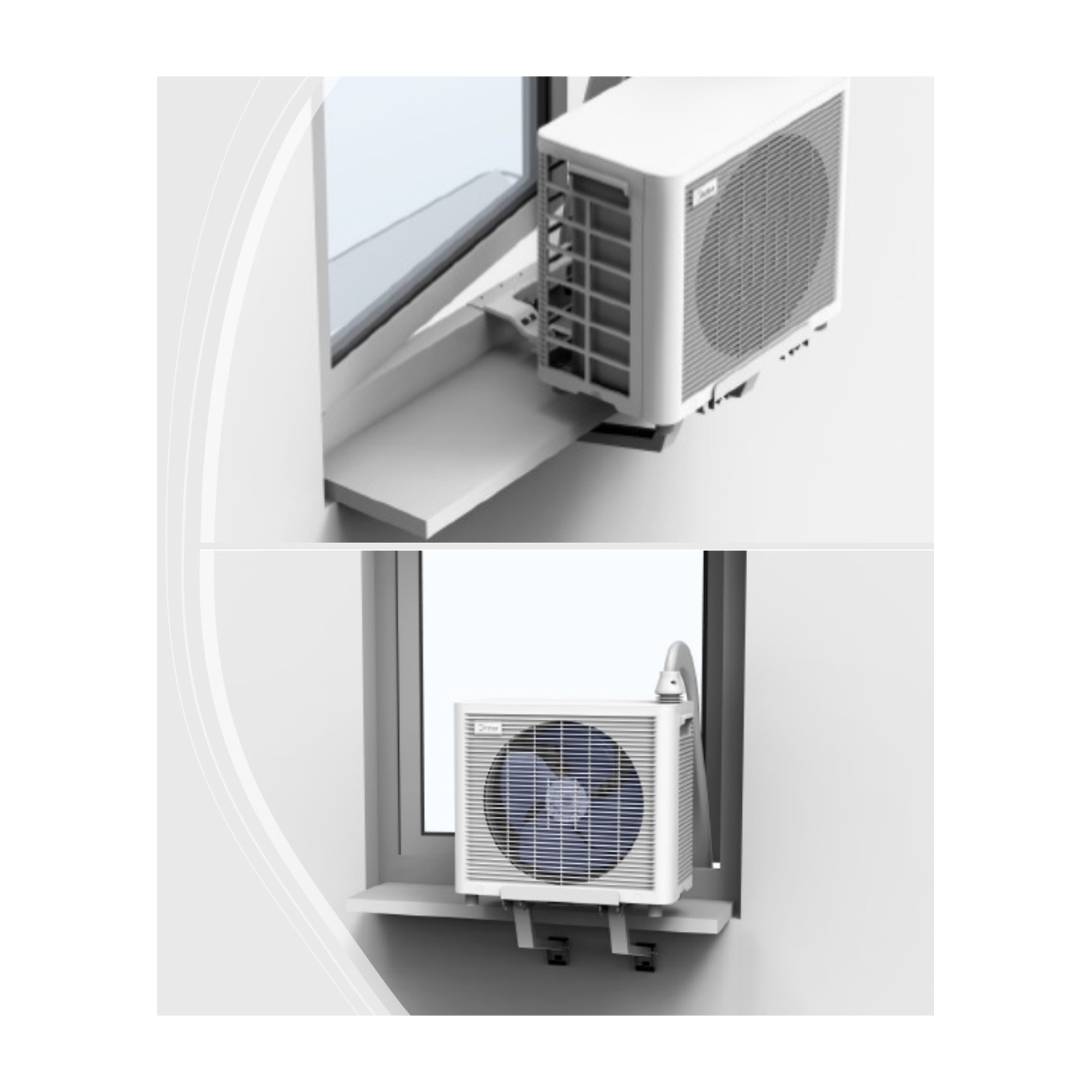 Unità di condizionamento installata in una finestra. Unità bianca, montata. Vista dall'esterno e dall'interno.