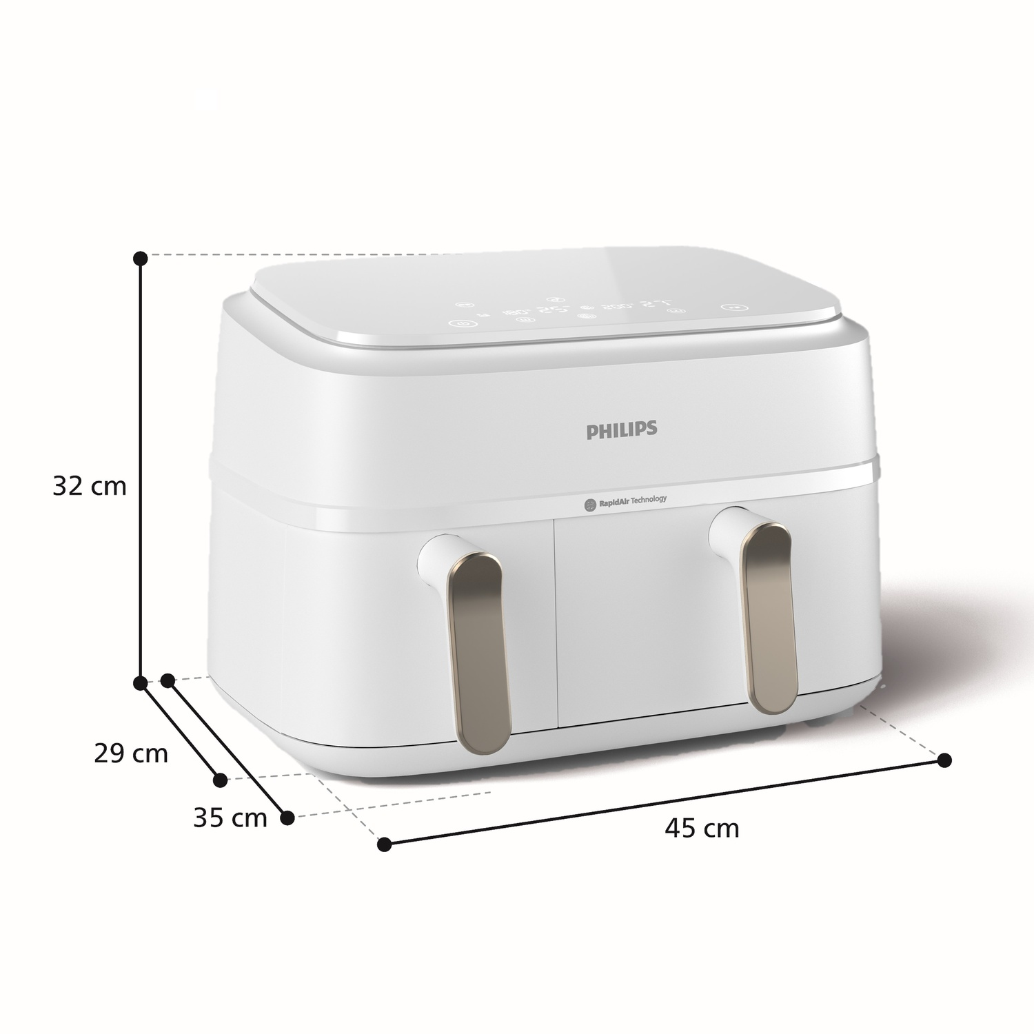 Friggitrice ad aria Philips bianca con dimensioni indicate: 45 cm lunghezza, 35 cm larghezza e 32 cm altezza.