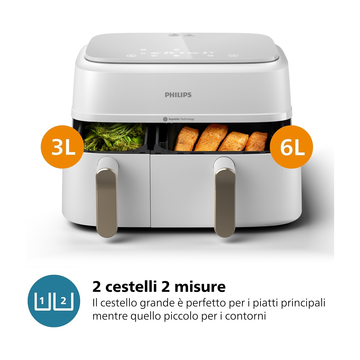 Friggitrice ad aria Philips con due cestelli, uno da 3L e uno da 6L, con testo sui piatti principali e i contorni.