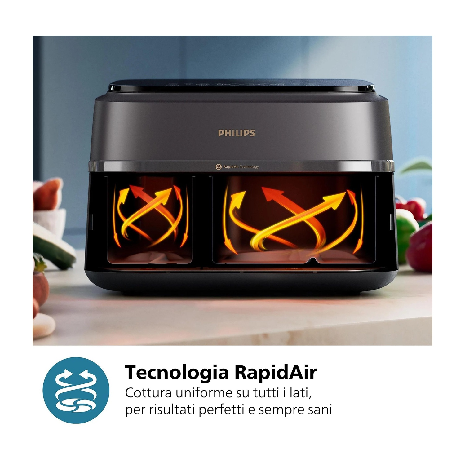 Friggitrice ad aria Philips nera, che mostra la tecnologia RapidAir, con visualizzazione del flusso d'aria calda.