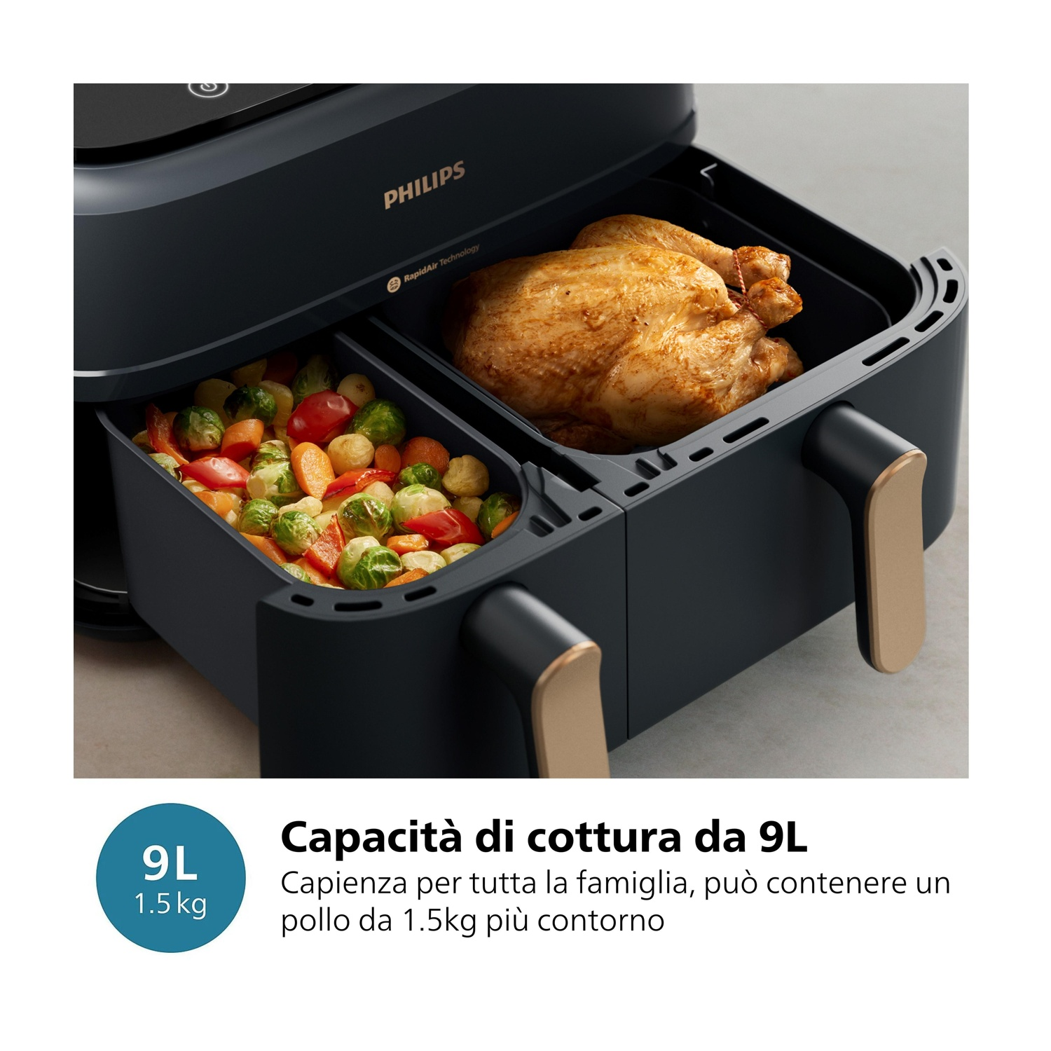 Friggitrice ad aria Philips nera con pollo arrosto intero e verdure, capacità di 9L, 1,5kg.
