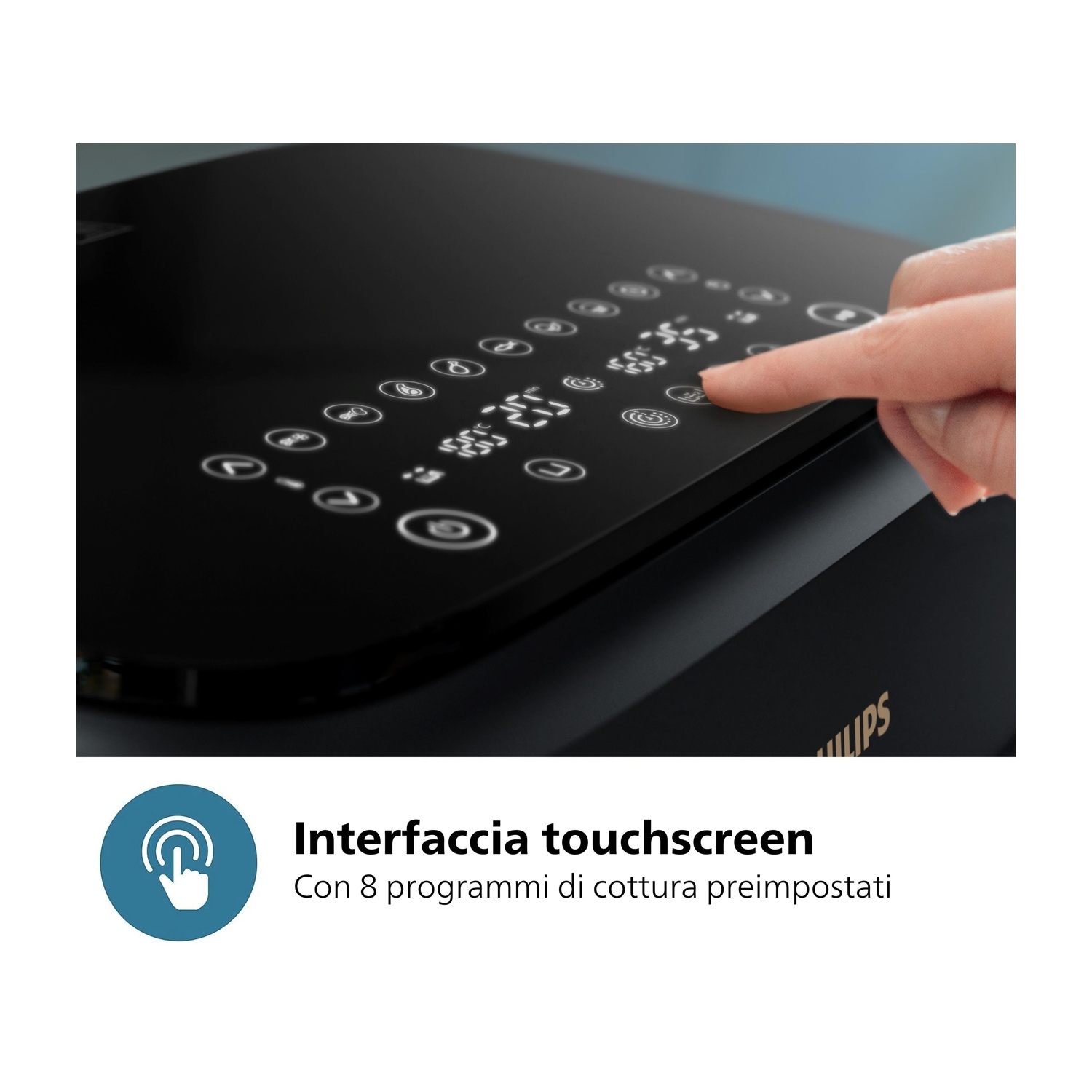 Primo piano dell'interfaccia touchscreen di una friggitrice ad aria Philips nera con programmi di cottura.