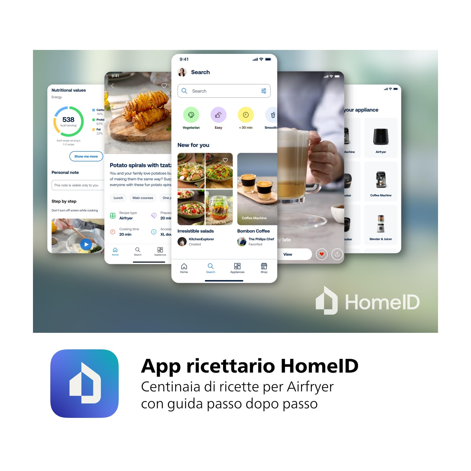 Screenshot dell'app HomeID su più dispositivi, che mostrano ricette per una friggitrice ad aria.