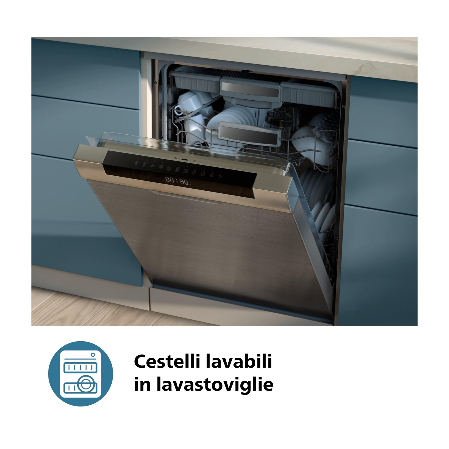 Lavastoviglie con porta aperta, cestelli e piatti visibili.