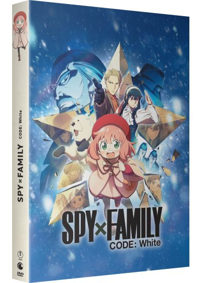 DVD-hoes: Anime-personages, titel: SPY x FAMILY CODE: White. Blauw-wit kleurenschema, sterrenachtergrond.