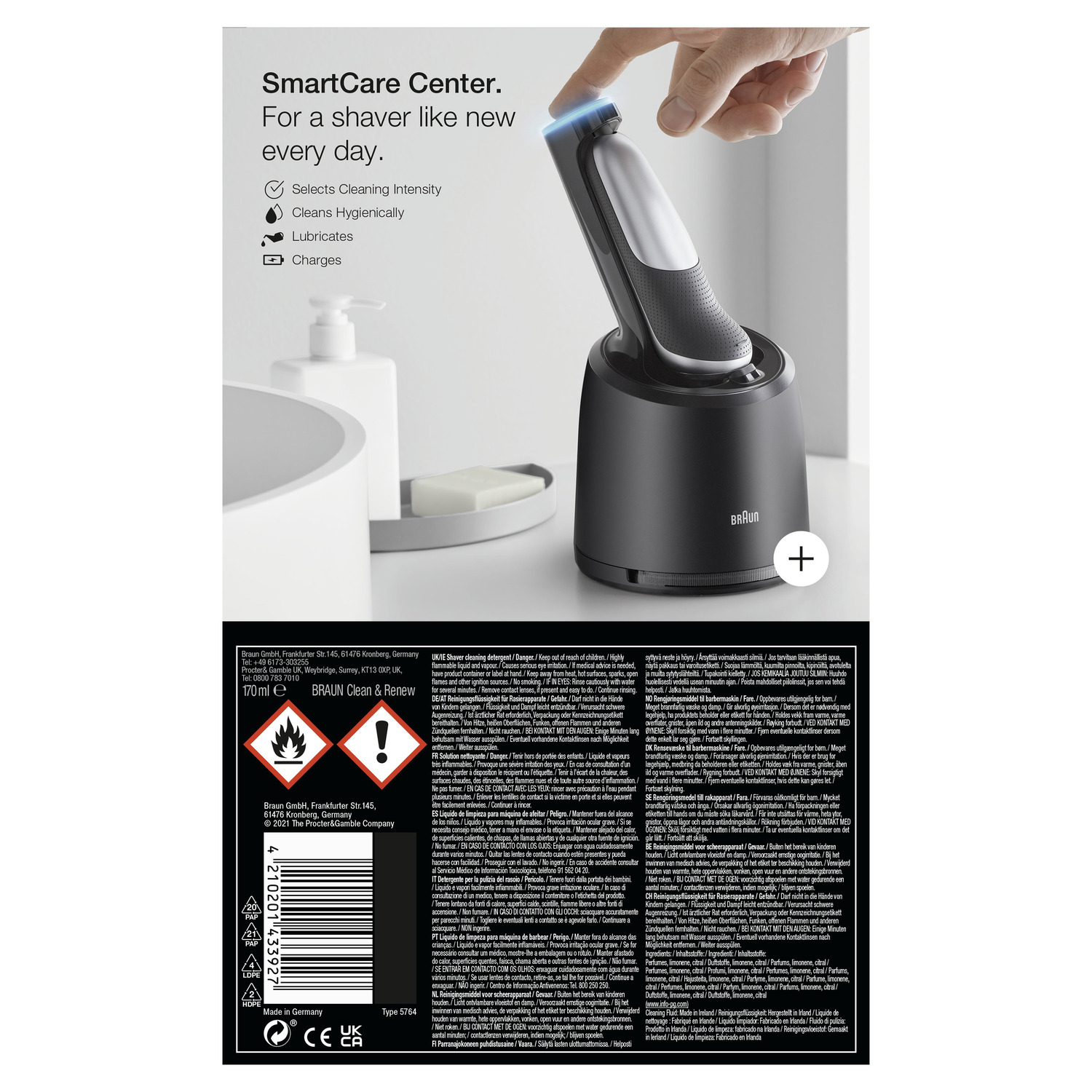 Image of a Braun shaver in a charging stand with a spray bottle and other items. Text and safety warnings.