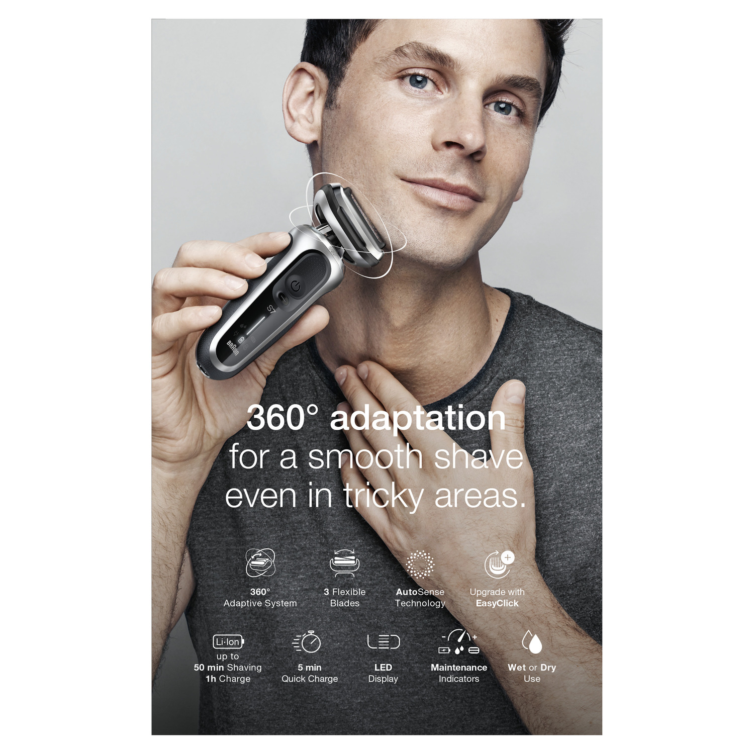 Man shaving with a Braun Series 7 shaver. Close-up showing the shaver in use. Background is blurred.