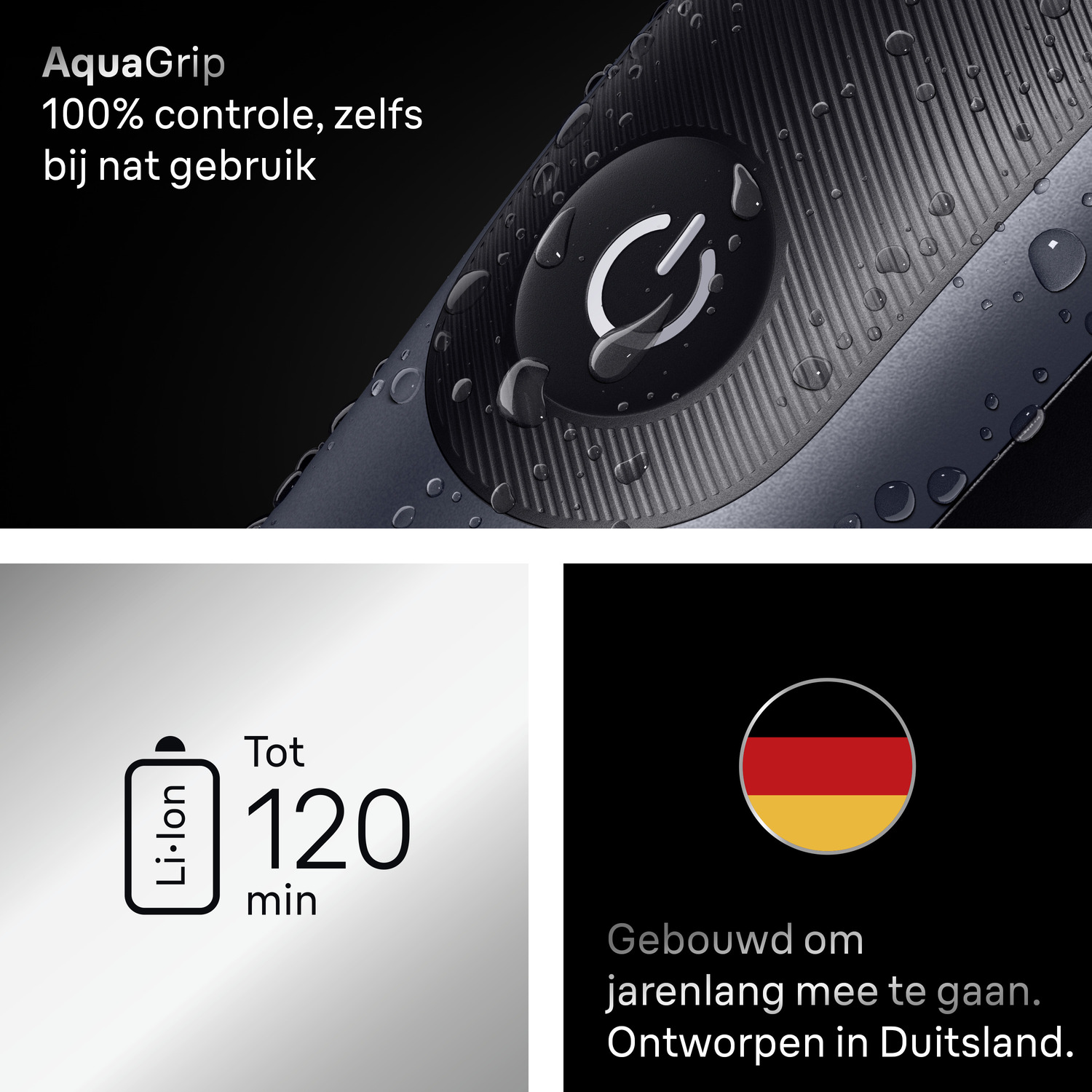 Close-up van een scheerapparaat met waterdruppels. Tekst: AquaGrip. Tekst en pictogrammen voor batterij en land eronder.