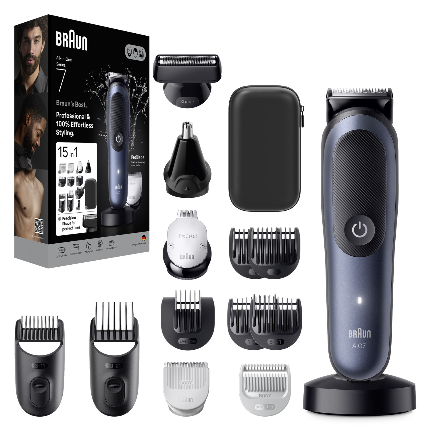 Braun Series 7 scheerapparaatset en accessoires. Een man staat op de doos. Inclusief trimmers, oplader en etui.