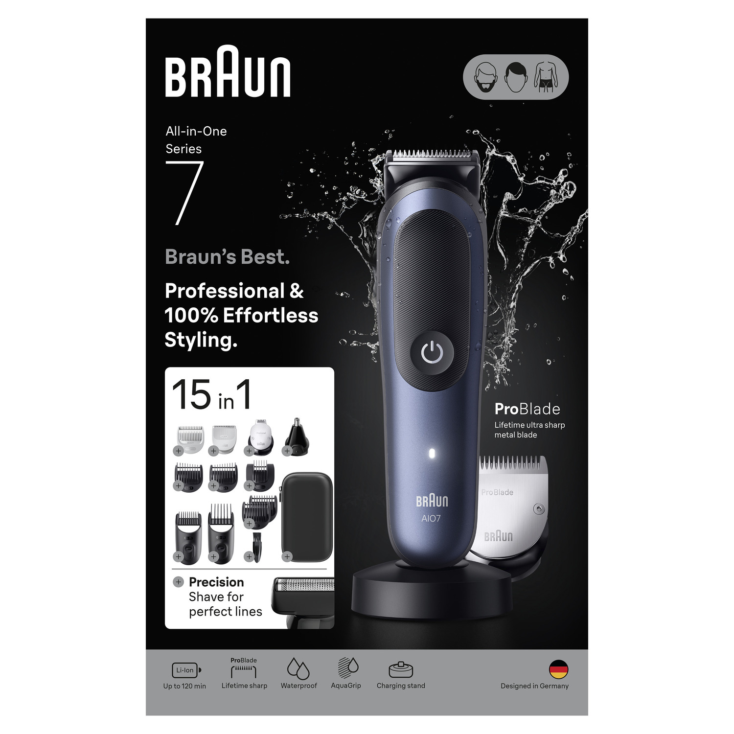 Braun Series 7 scheerapparaat, doos en accessoires. Inclusief trimmers en etui. Tekst en pictogrammen over functies.