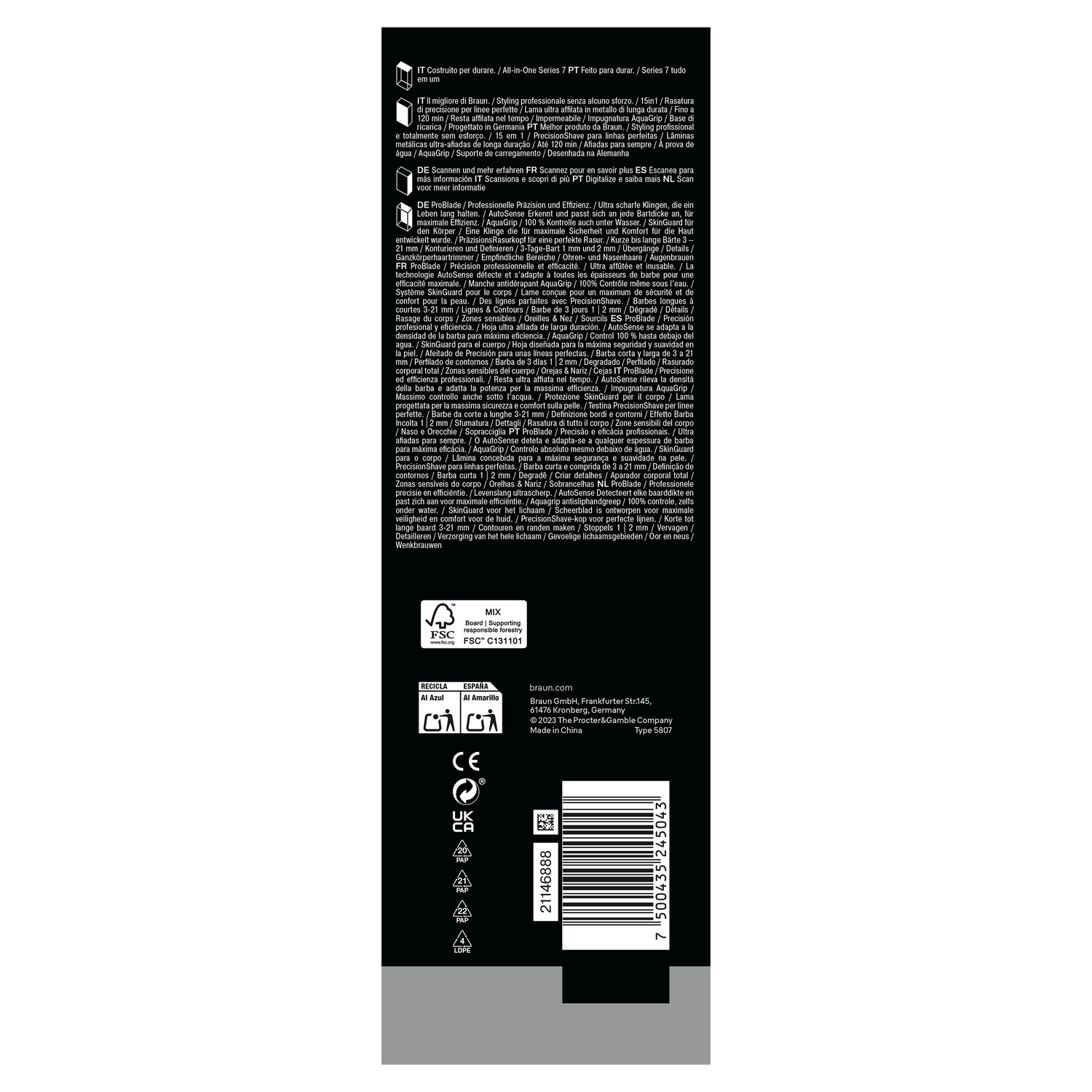 Productinformatie. Lijsten met inhoud, waarschuwingen, recyclinginfo en andere details. Voornamelijk tekst in meerdere talen.