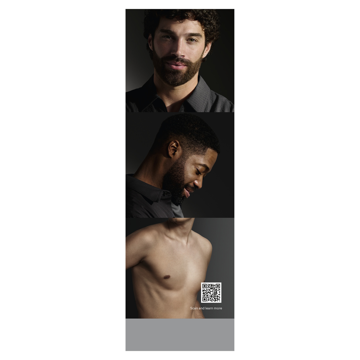 Drie mannen met verschillende baarden en een QR-code om meer te leren over de producten.