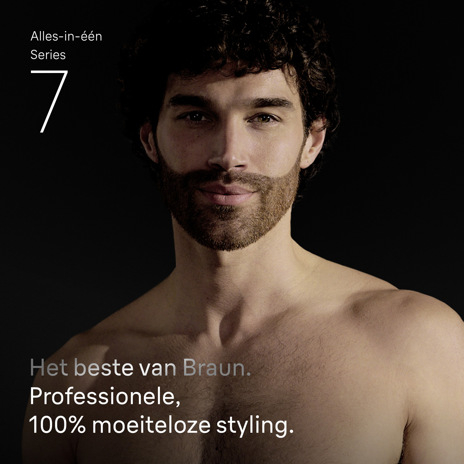Man with a beard, text 'Alles-in-één Series 7' and 'Het beste van Braun.' Professional styling.