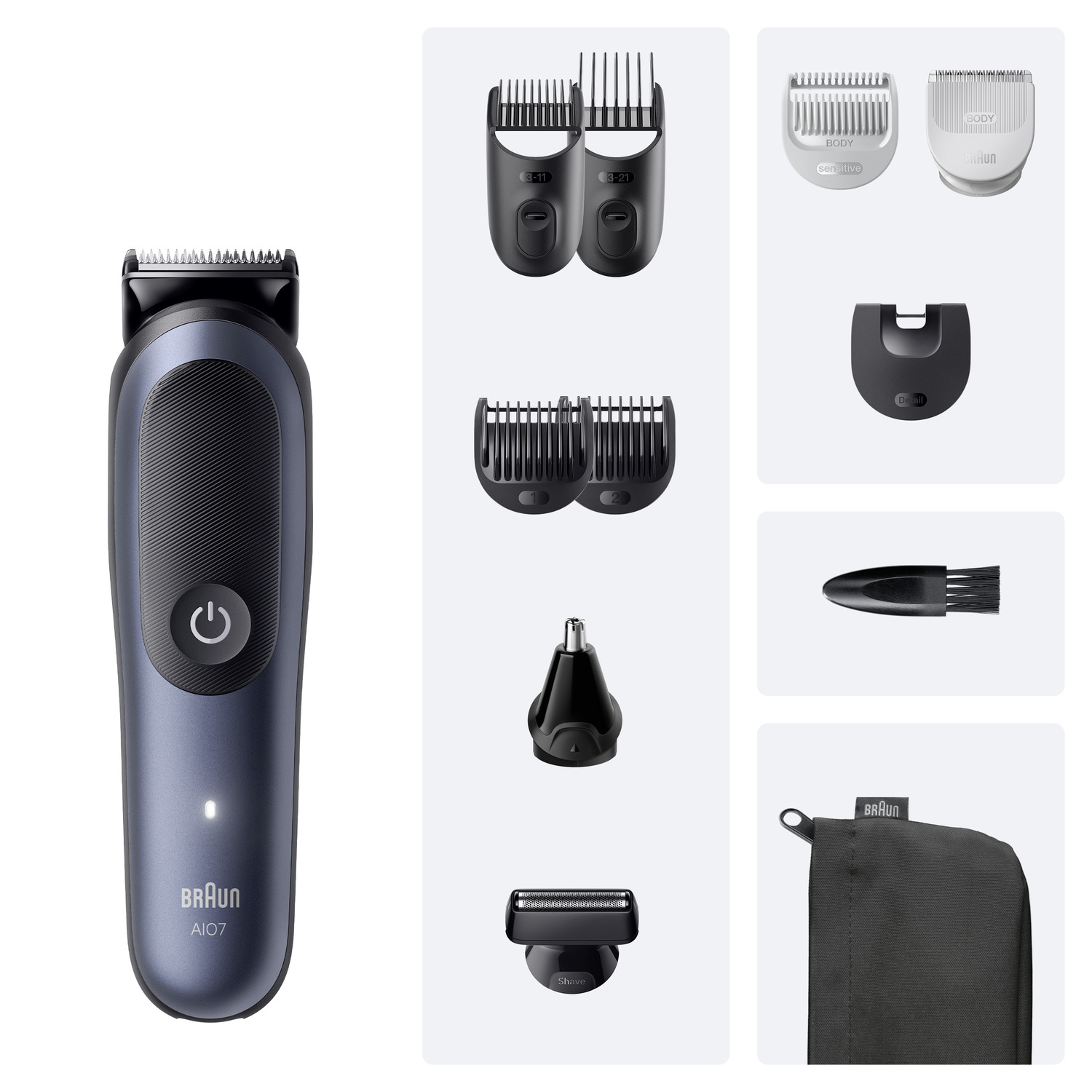 Braun Series 7 shaver and accessories. Trimmer heads, cleaning brush, and storage bag are displayed.