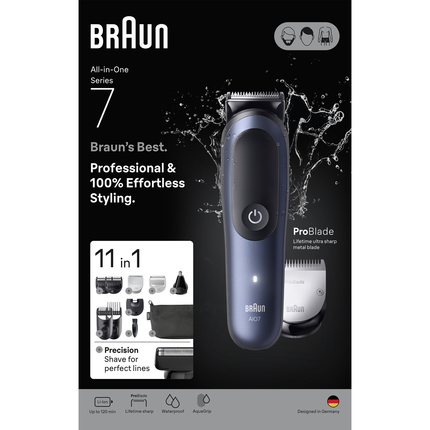 Braun Series 7 shaver, box, and accessories. Features include trimmer heads and a case. Text and icons are shown.