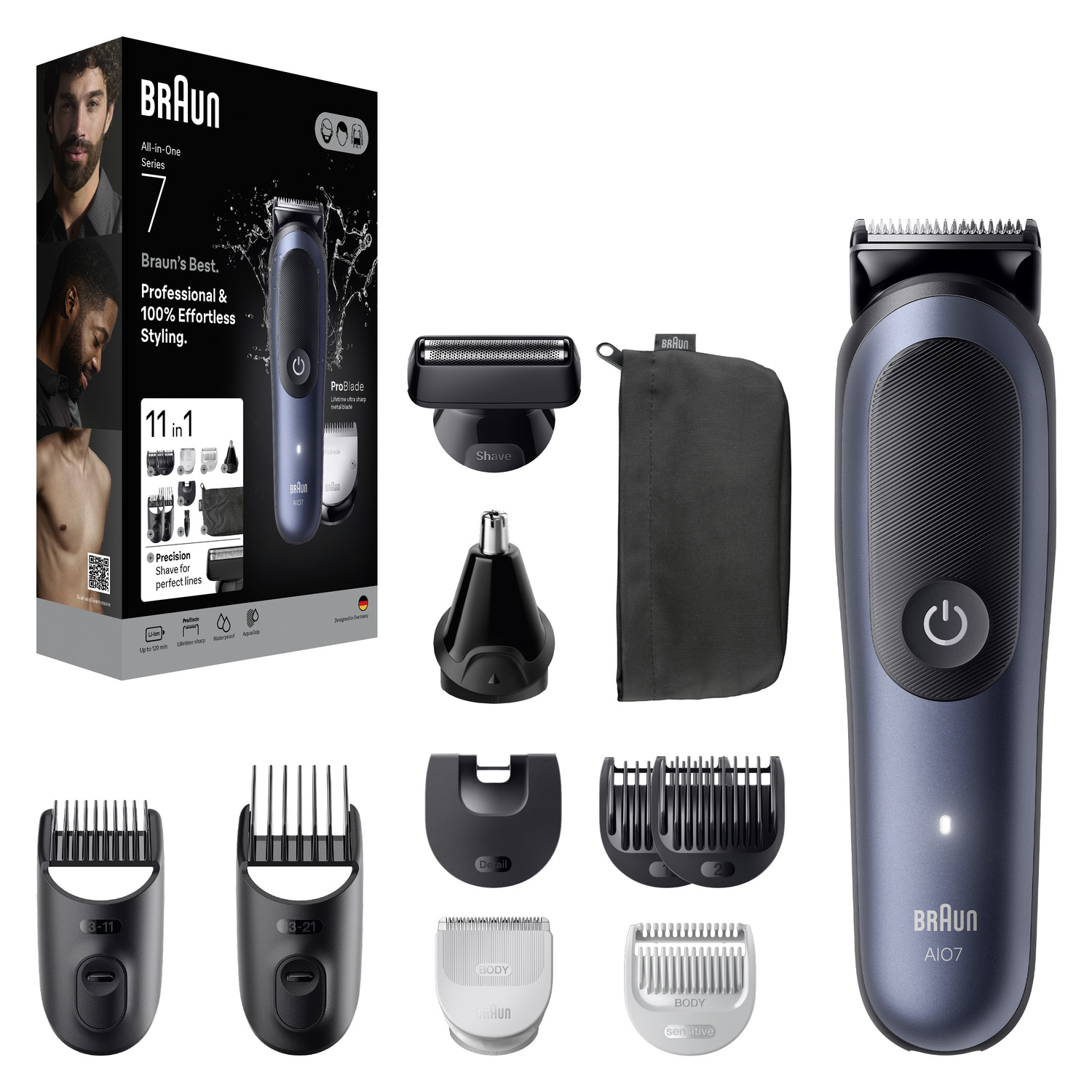 Braun All-in-One Series 7 trimmer with accessories, box, attachments, and men's faces. Blue and black color scheme.