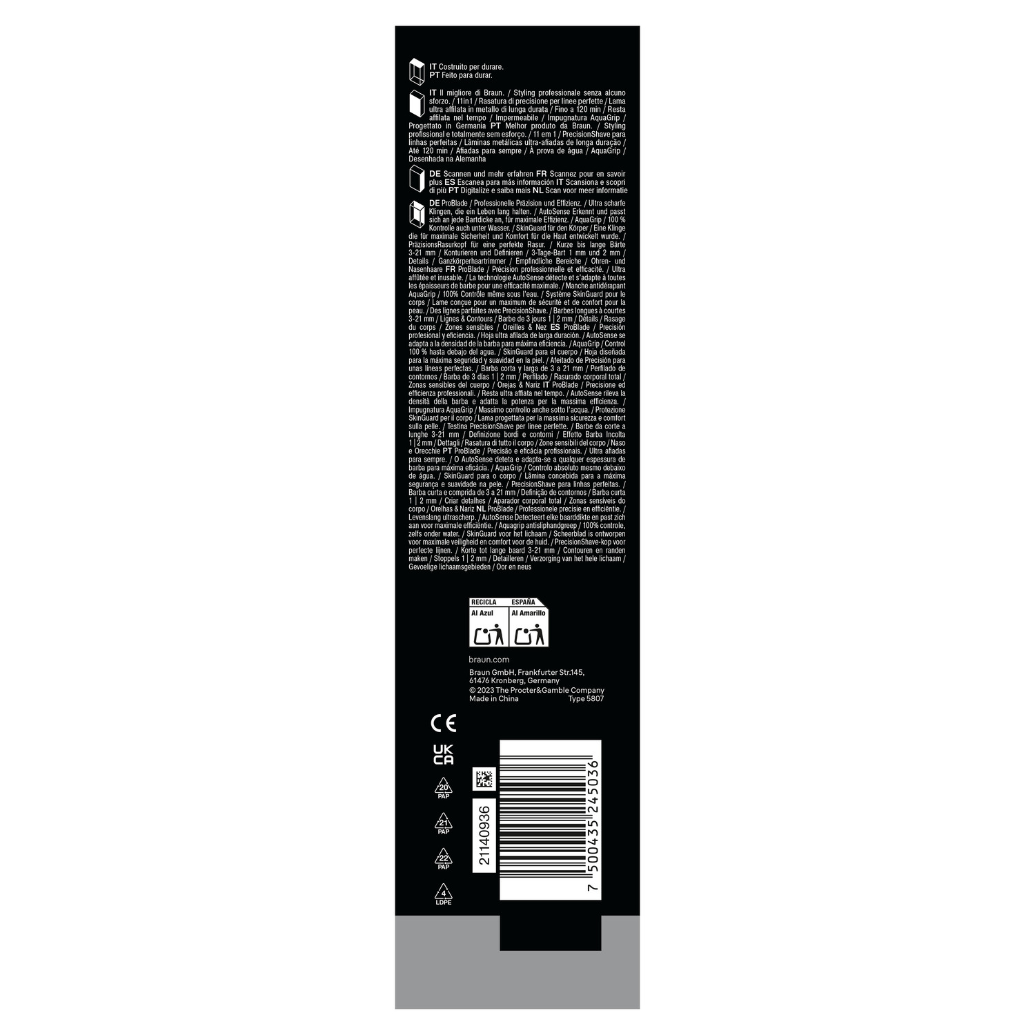A product packaging with text and a barcode. The text is in multiple languages. The background is gray.