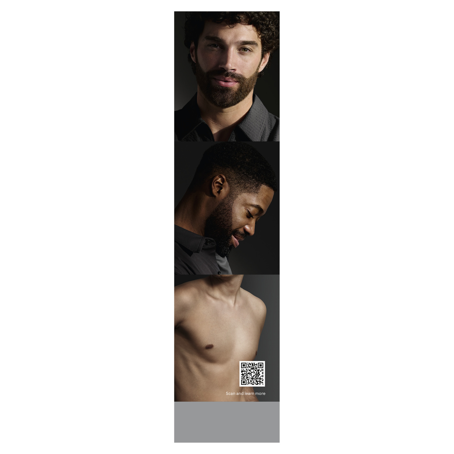 Men's faces with QR code. Upper man with beard, center man, and bare chest. Dark background.