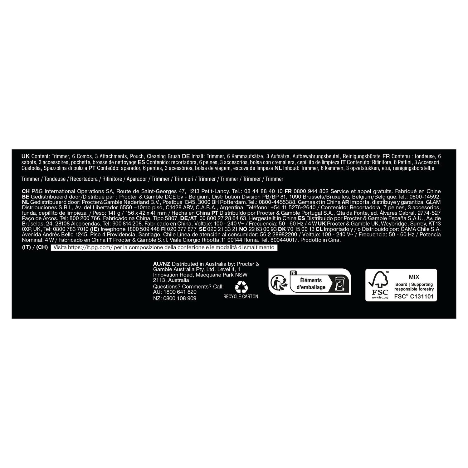 Text in multiple languages about trimmer contents, recycling, and contact information. White background.