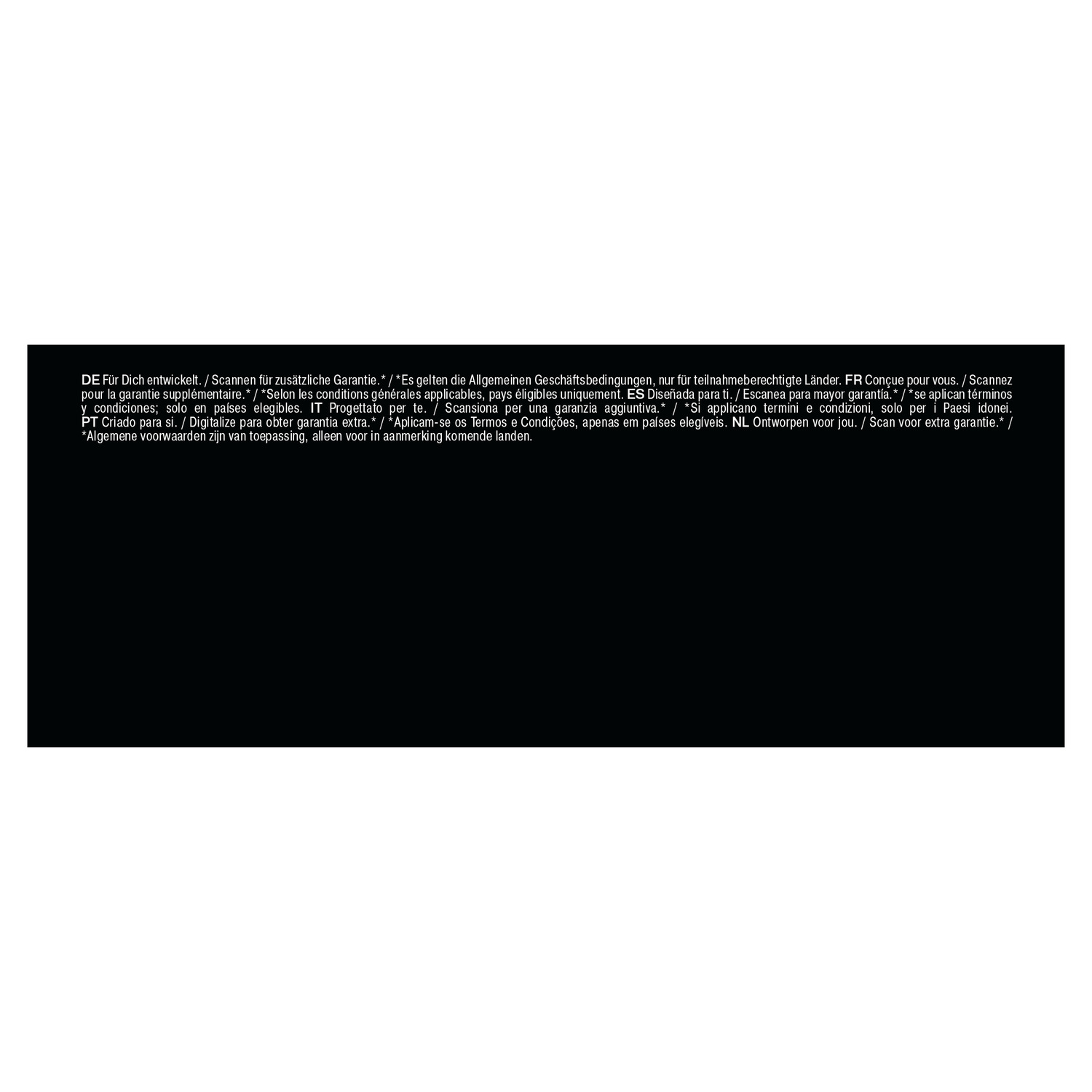 A black background with text in white. The text is about extra warranty and a QR code.