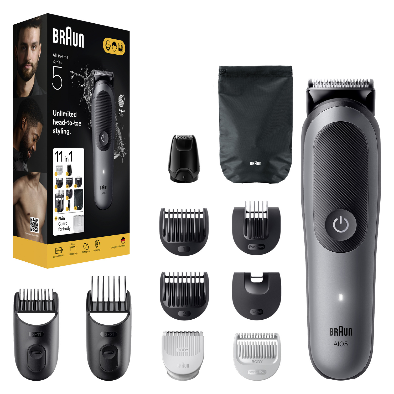 Braun All-in-One Series 5 trimmer with accessories and box. Gray and black color scheme, men's faces.