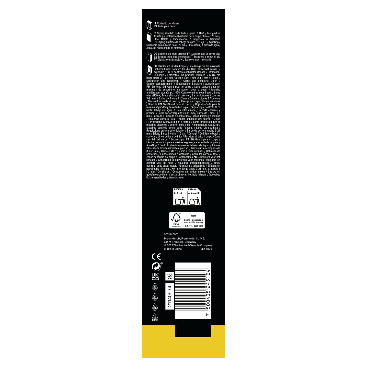 Back of a trimmer box with multiple language text about the product and recycling symbols. White background.