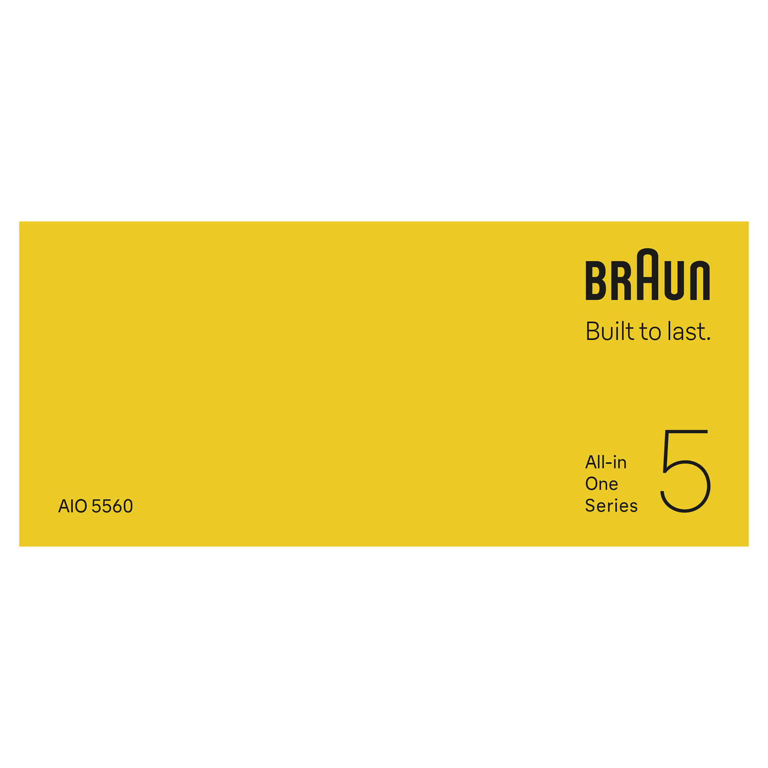 Yellow background with the Braun logo and text 'Built to last.' and 'All-in One Series 5'.