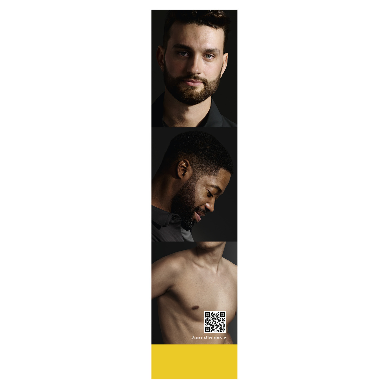 Men's faces with QR code. Upper man with beard, center man with beard, and bare chest. Yellow background.