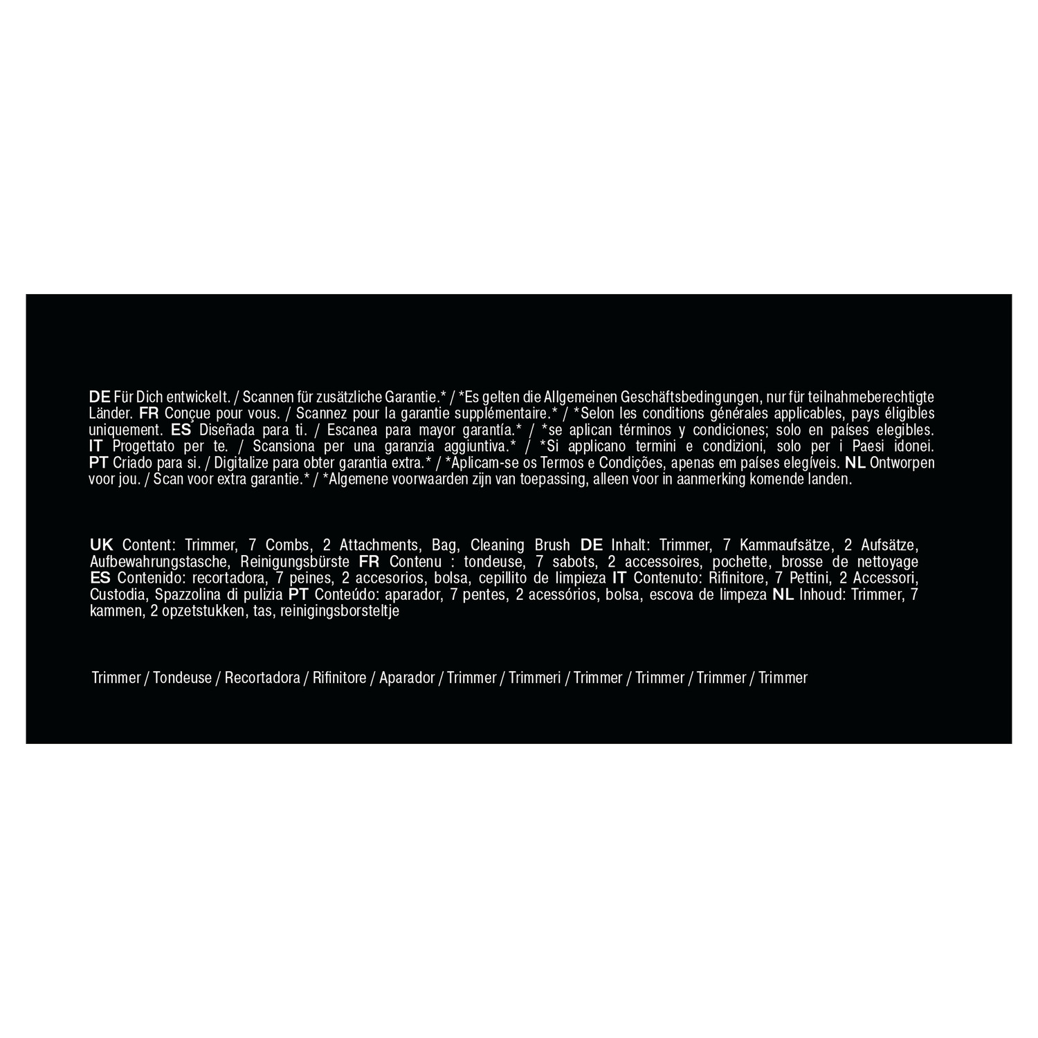 Text in multiple languages with information about product and legal information. White background.