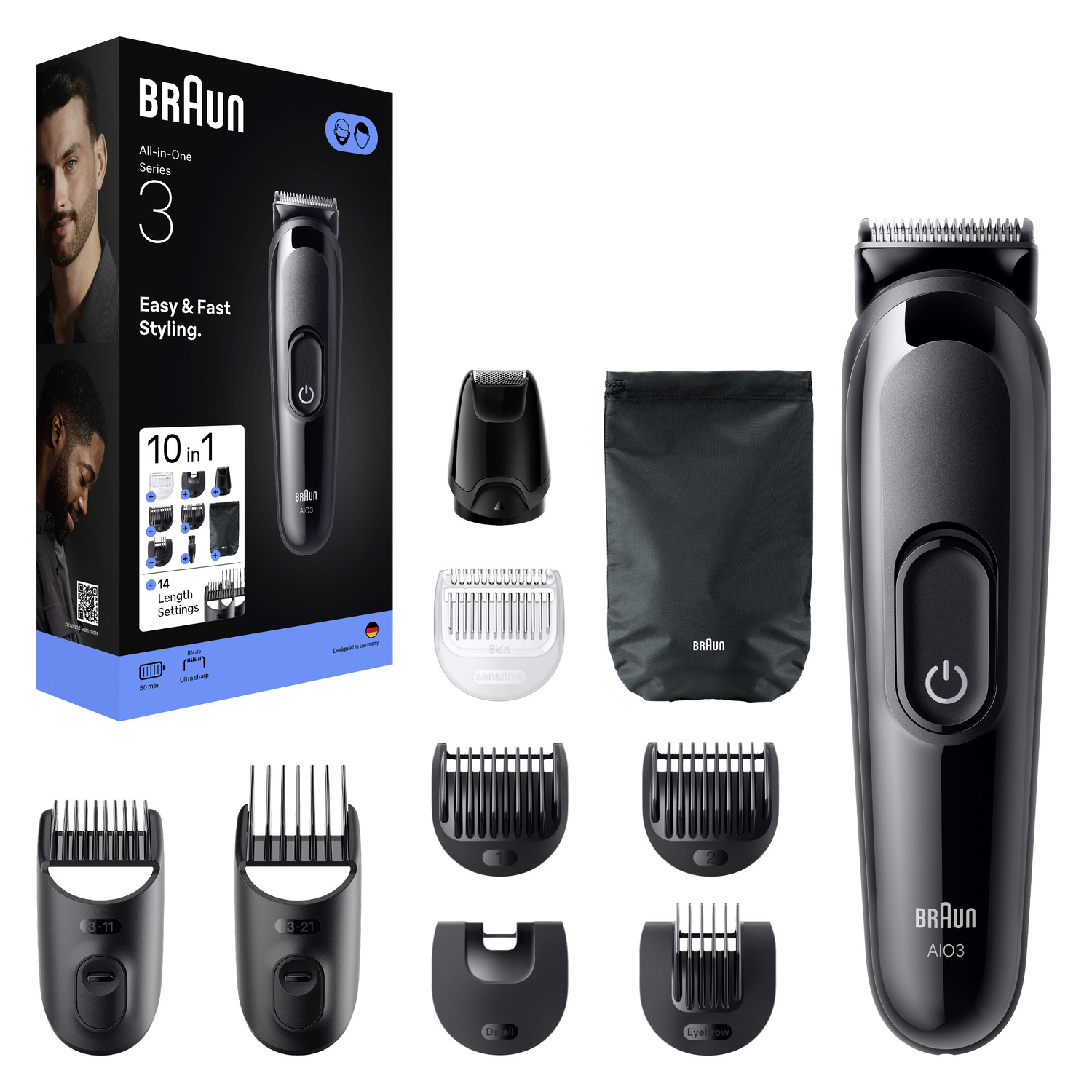 Braun All-in-One Series 3 trimmer with accessories and box. Black and gray color scheme, men's faces.