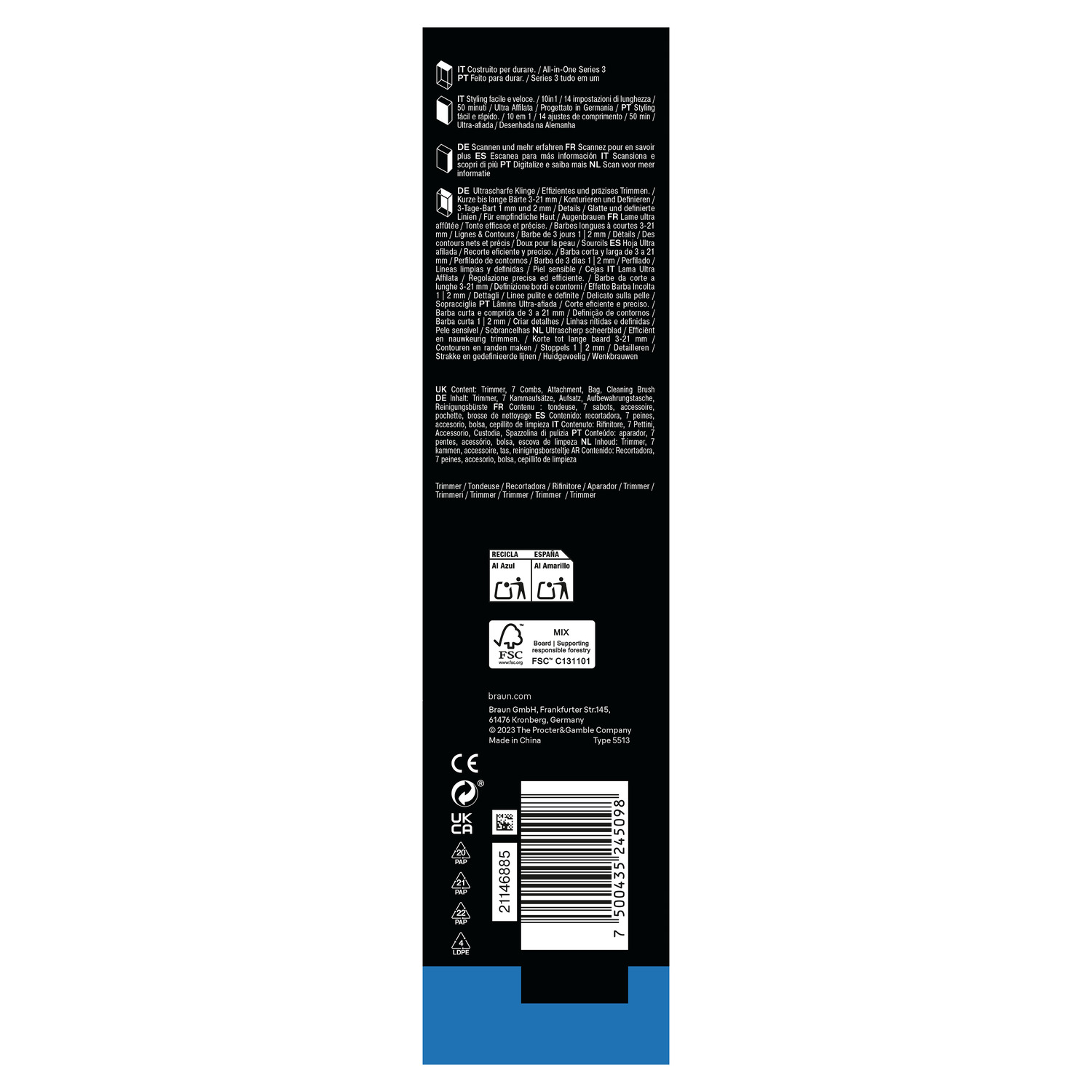 Black product packaging with text and a barcode. Product details in multiple languages are listed.