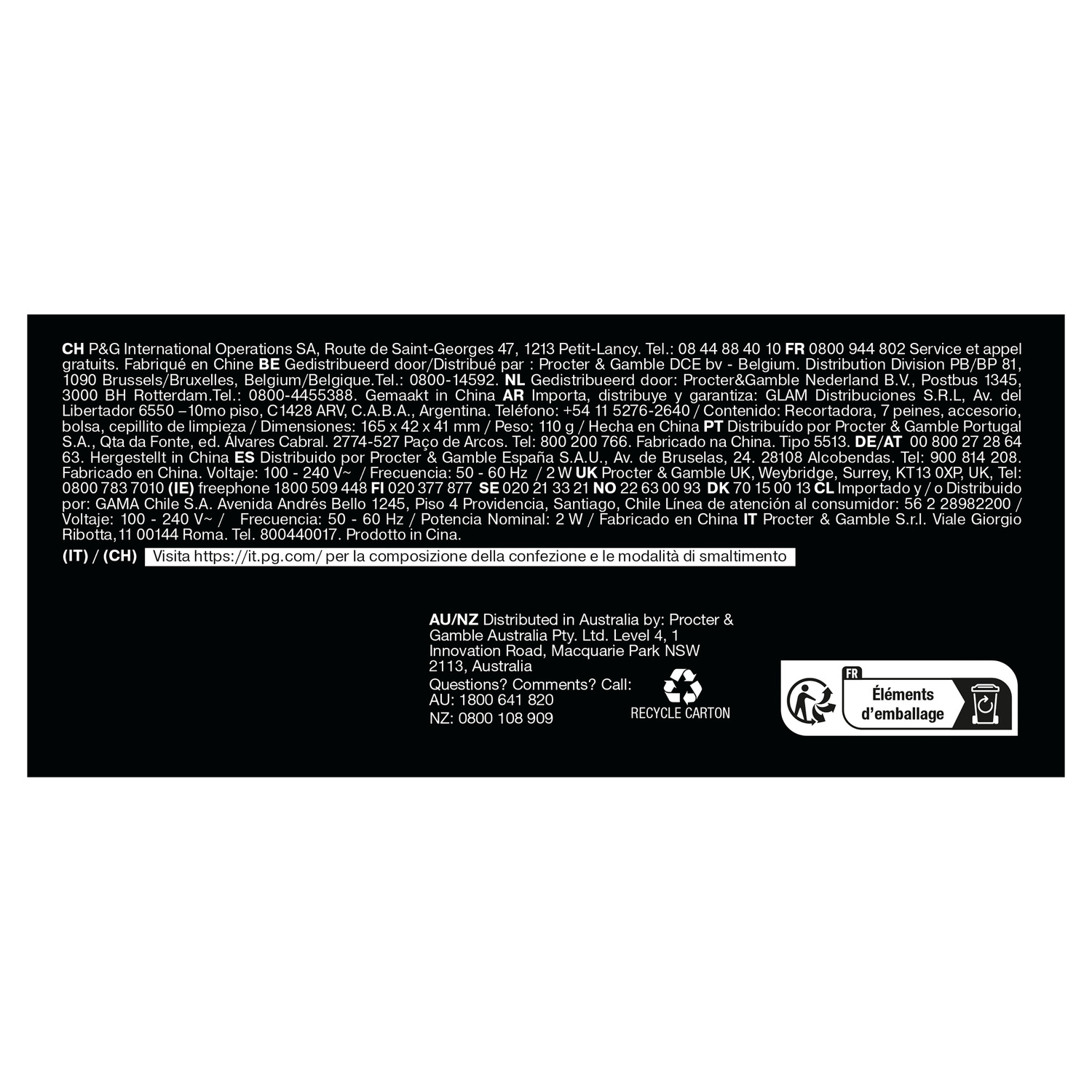 Black background with white text. Various legal and recycling information is displayed.