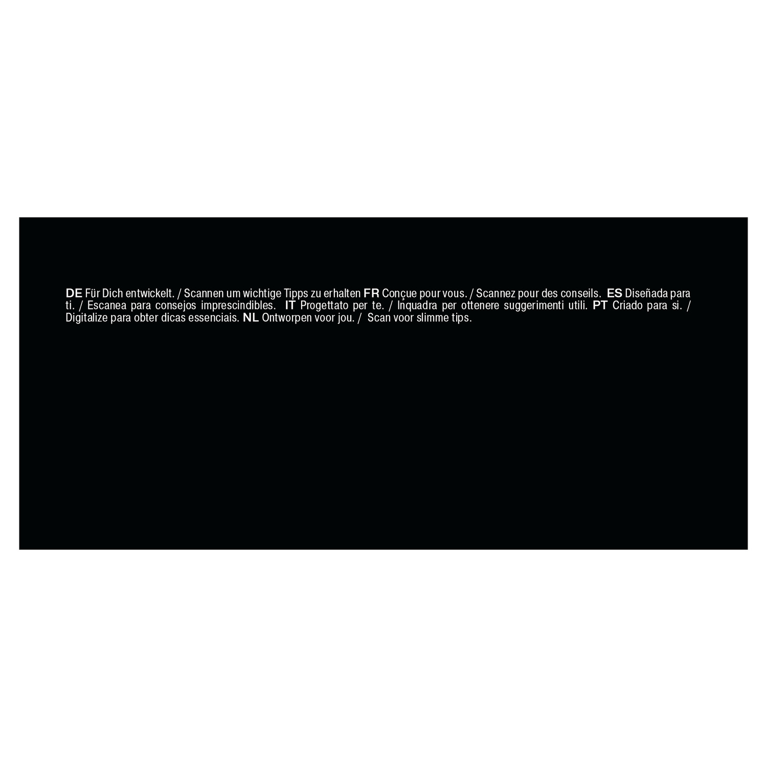 Black background with white text. Text in multiple languages: Scan for tips.