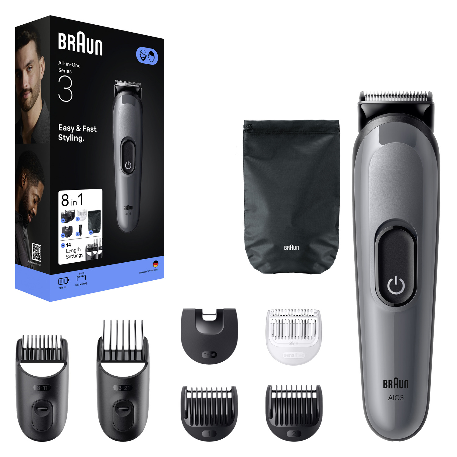 Braun All-in-One Series 3 box with trimmer and accessories. Included are different trimmer heads and a black bag.