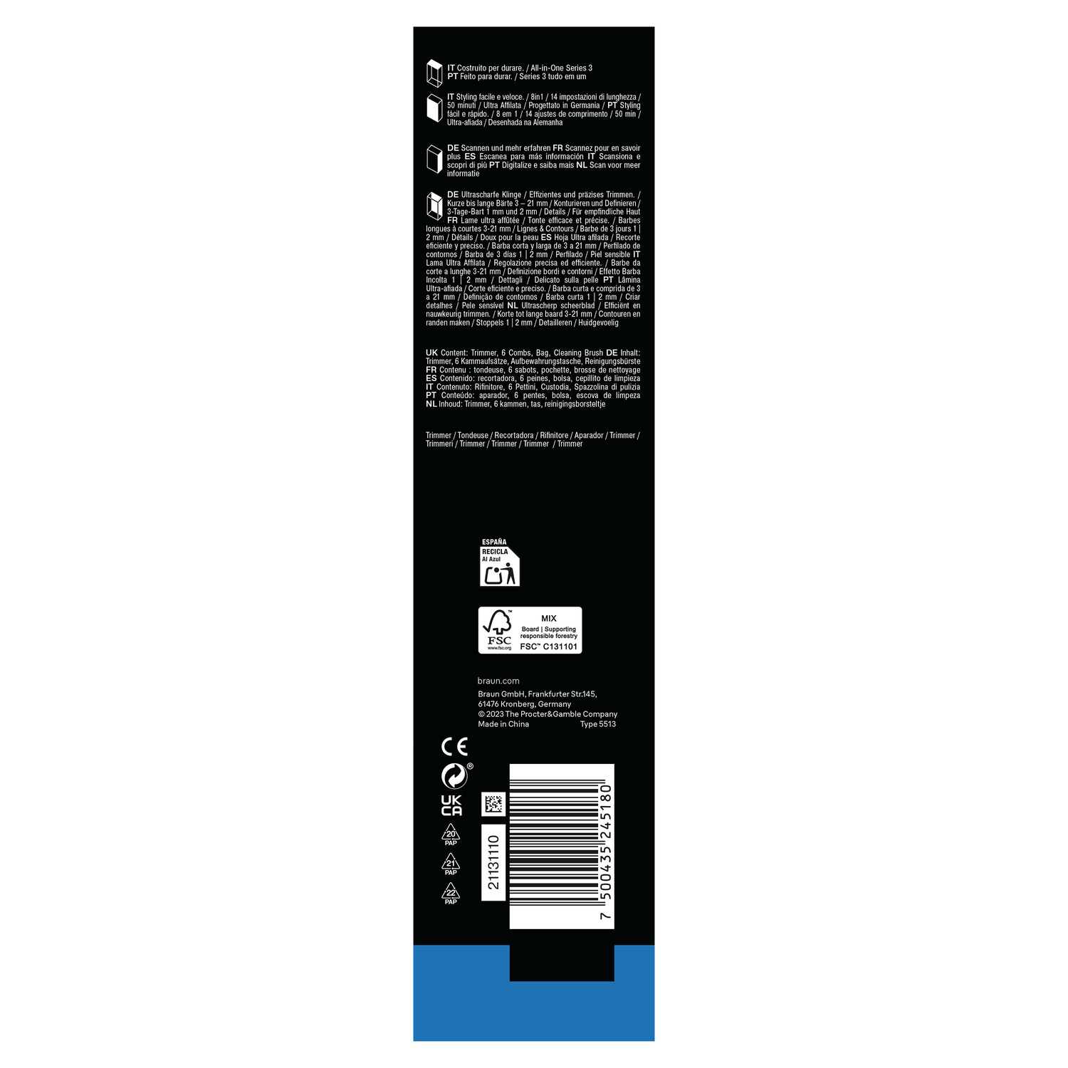 Black product packaging with text and a barcode. Product details in multiple languages are listed.