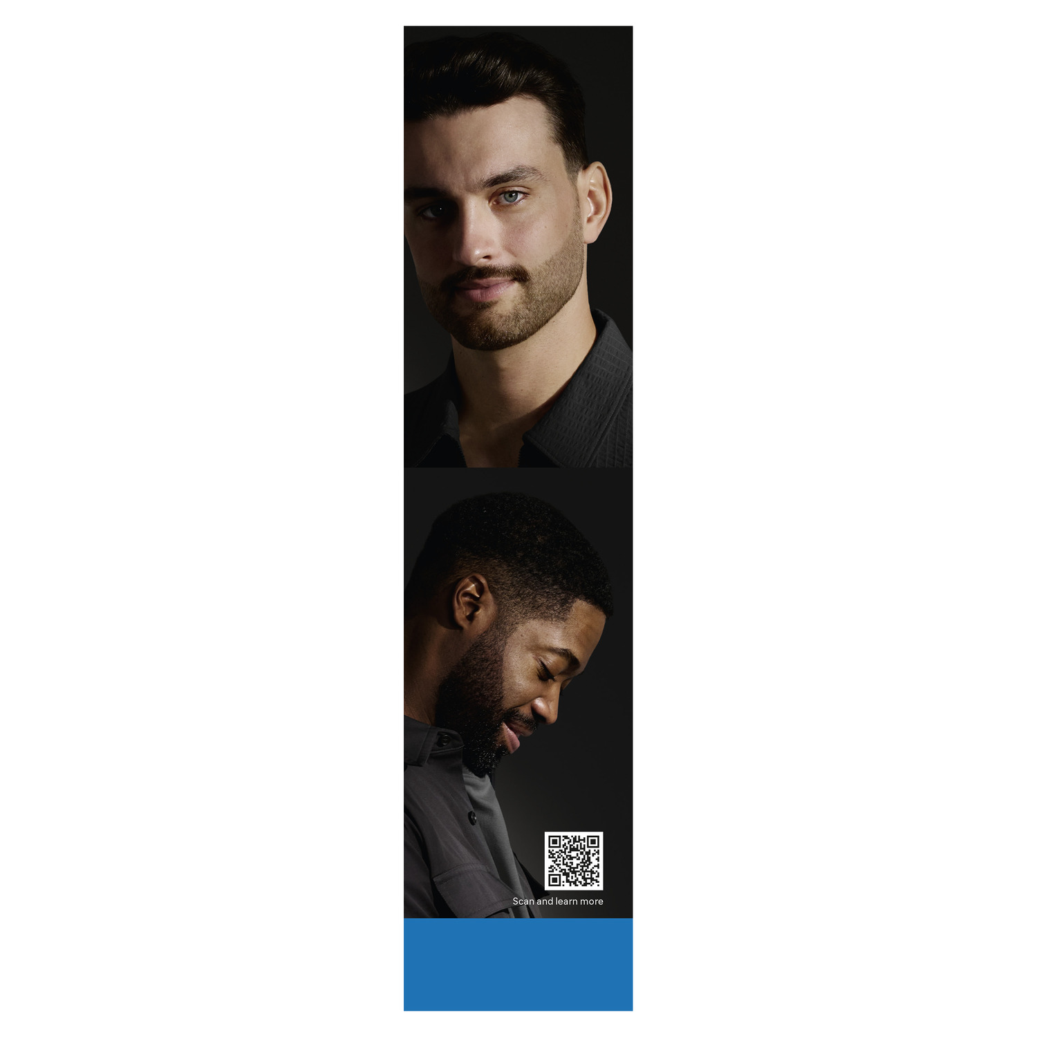 Two men with facial hair. One looks at the camera. The other looks down. QR code below.