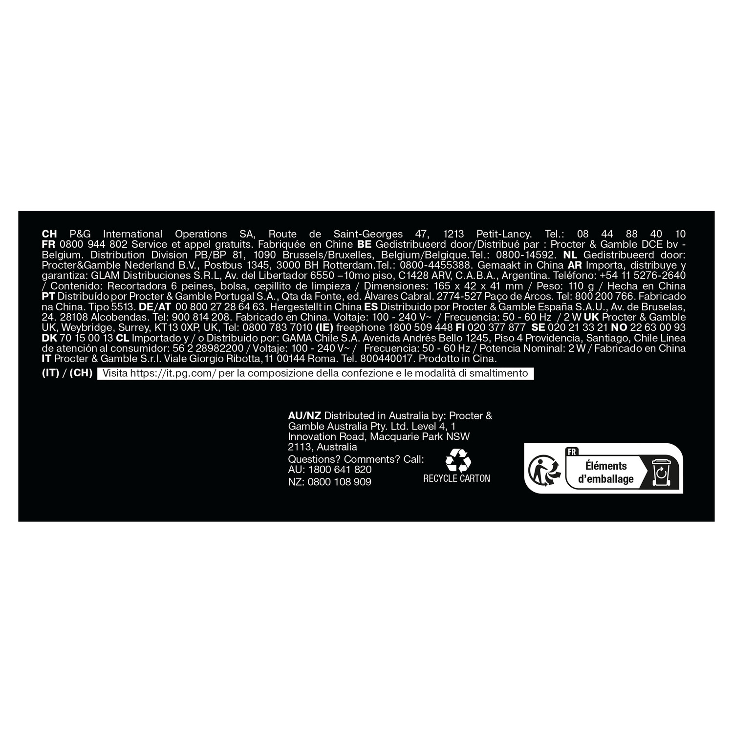 Black background with white text. Various legal and recycling information is displayed.