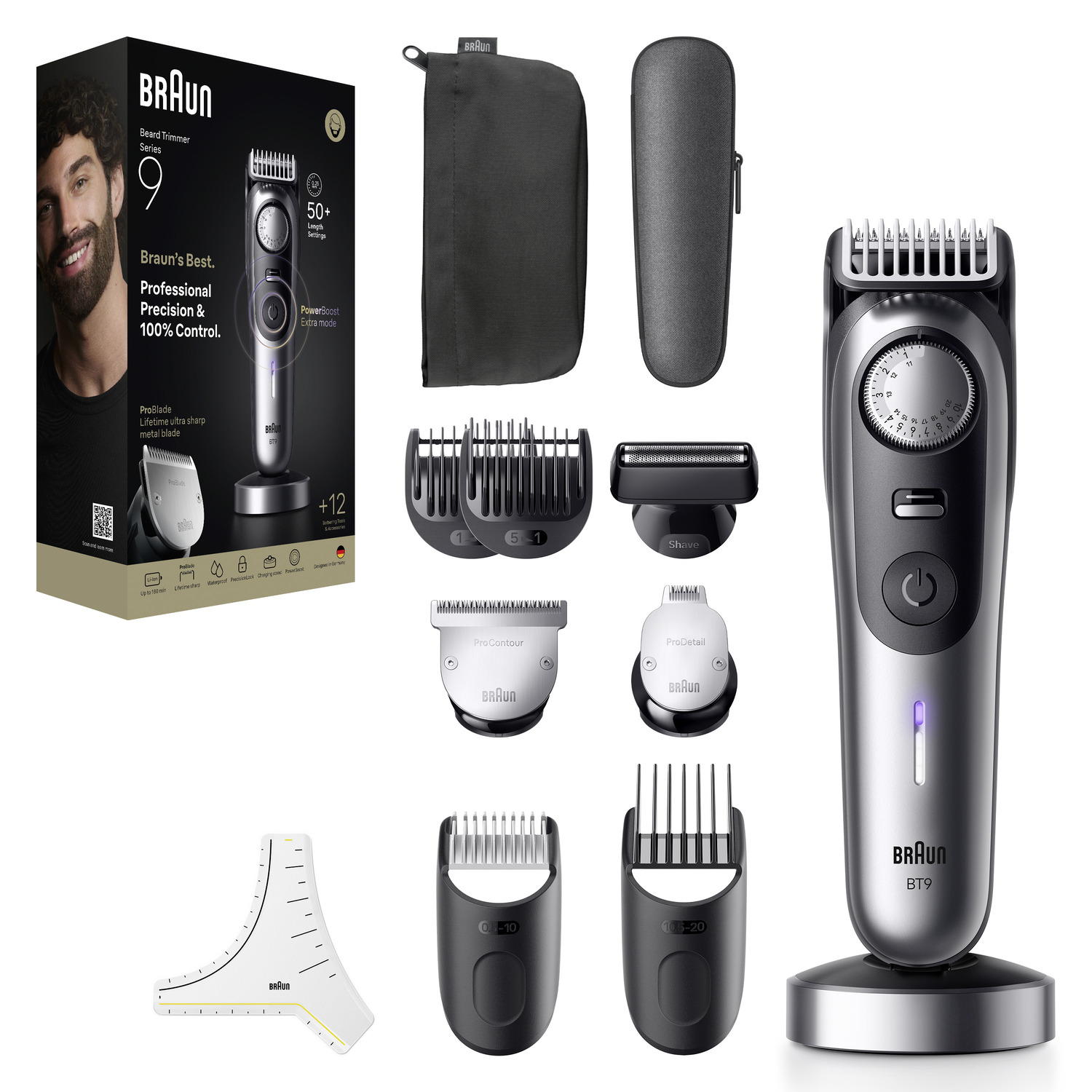 Braun BT9 trimmer set with accessories. The set includes the trimmer, heads, a stand, and a bag.