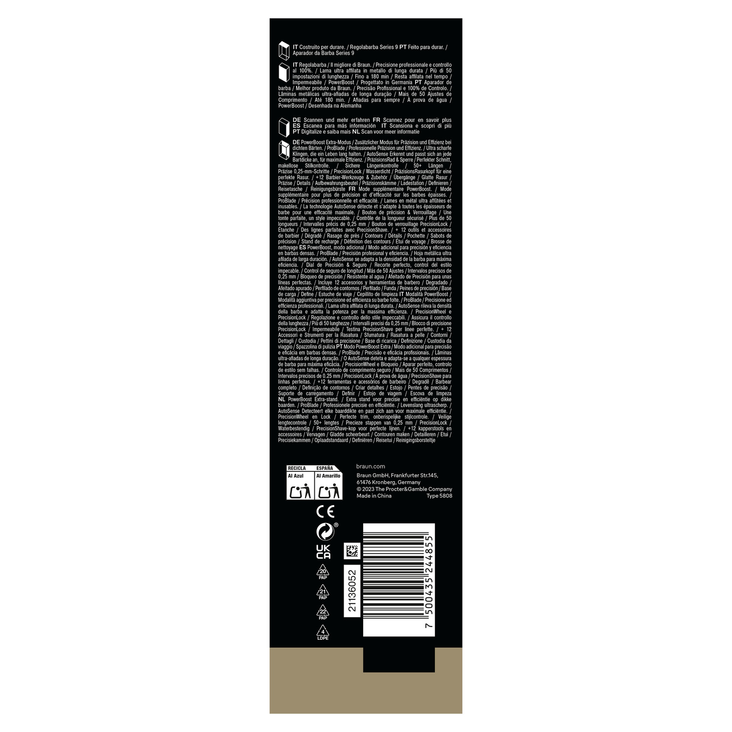 A product packaging is shown. It displays text in multiple languages and a barcode.