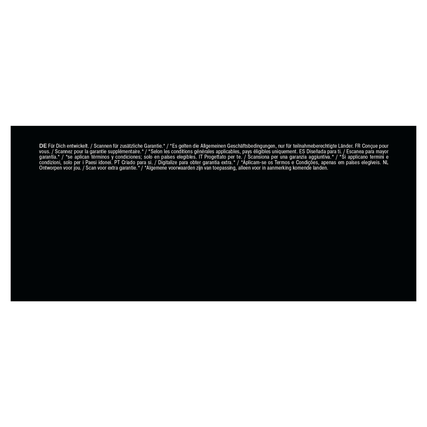 Black background with text in multiple languages about warranty and terms of service.