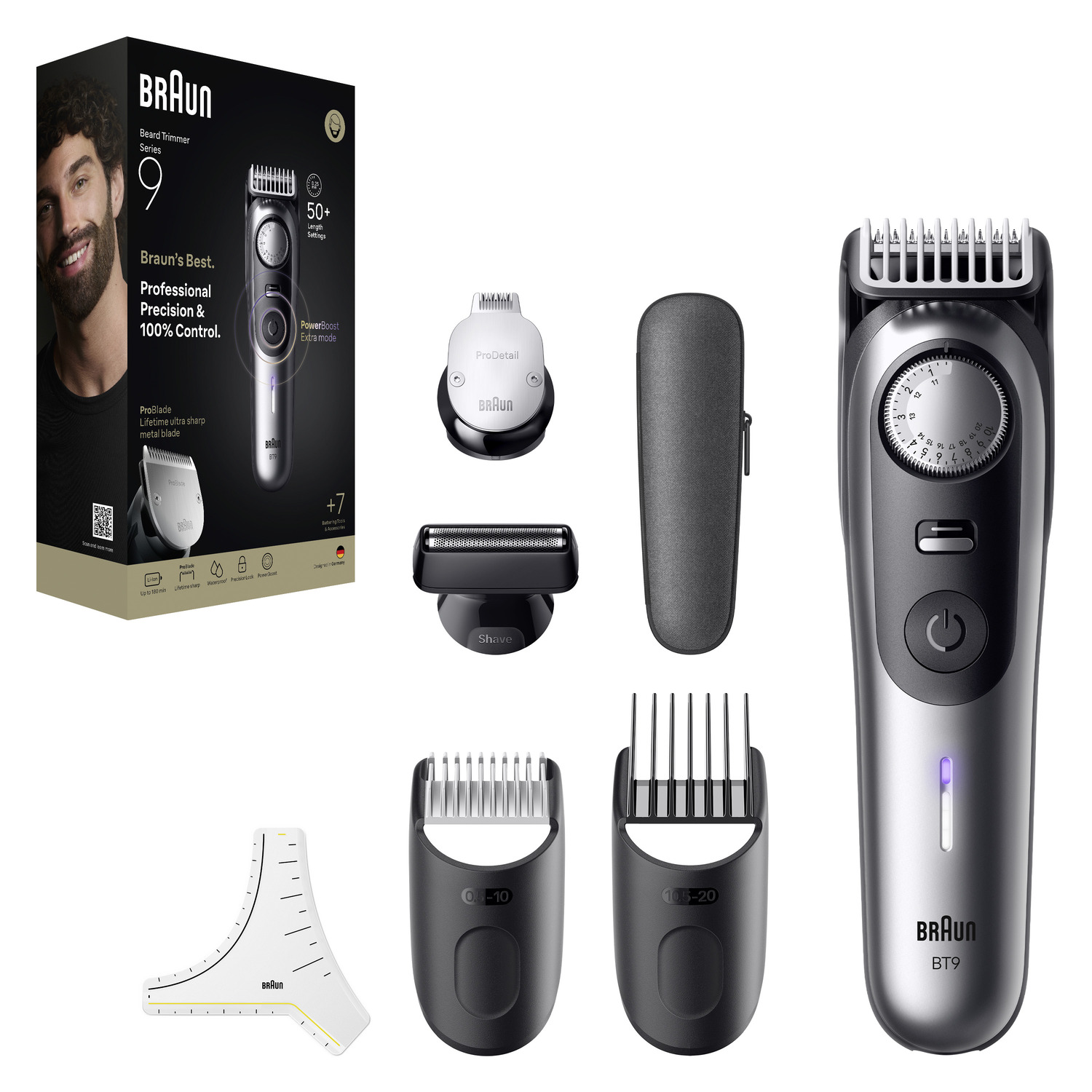 Braun Series 9 beard trimmer product with box, accessories, and a man shaving with the trimmer.