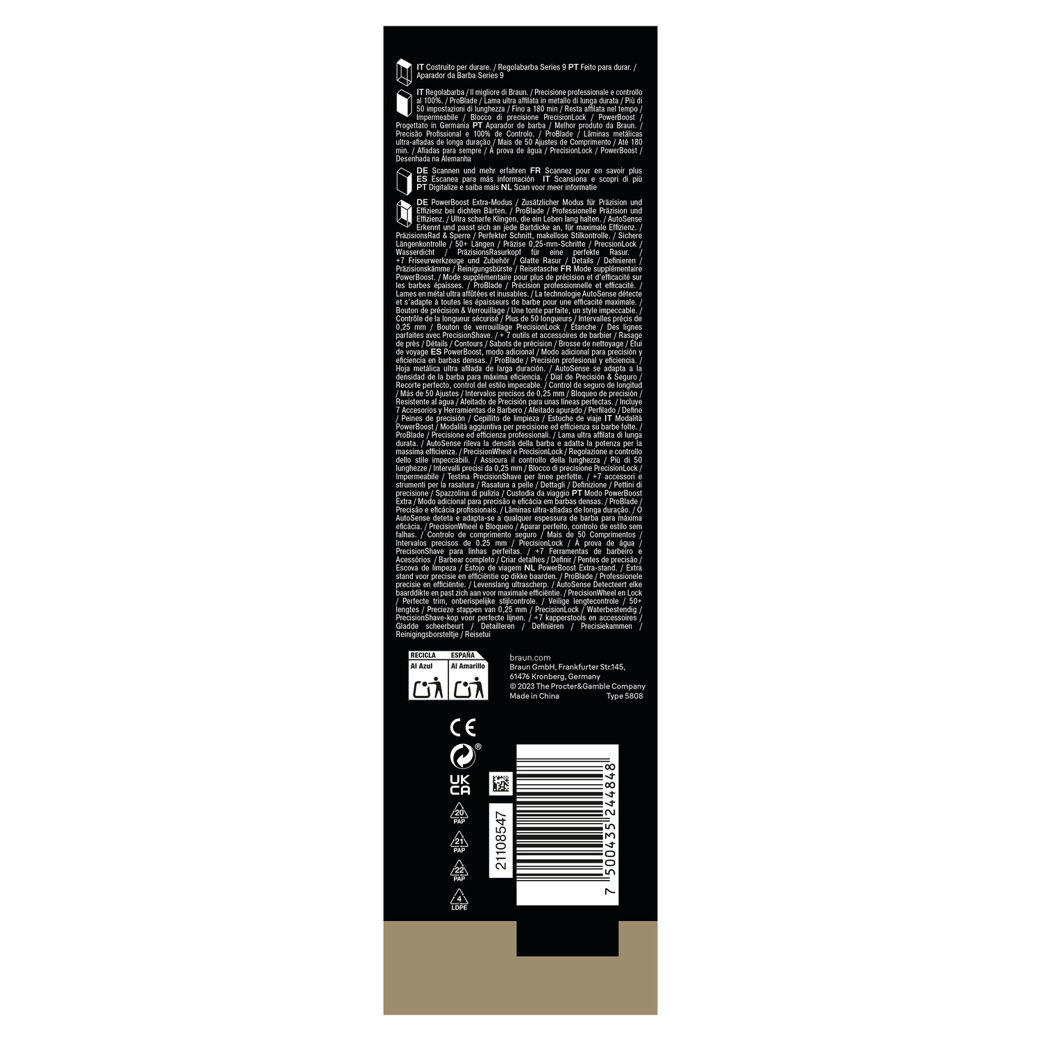 A product packaging is shown. It displays text in multiple languages and a barcode.