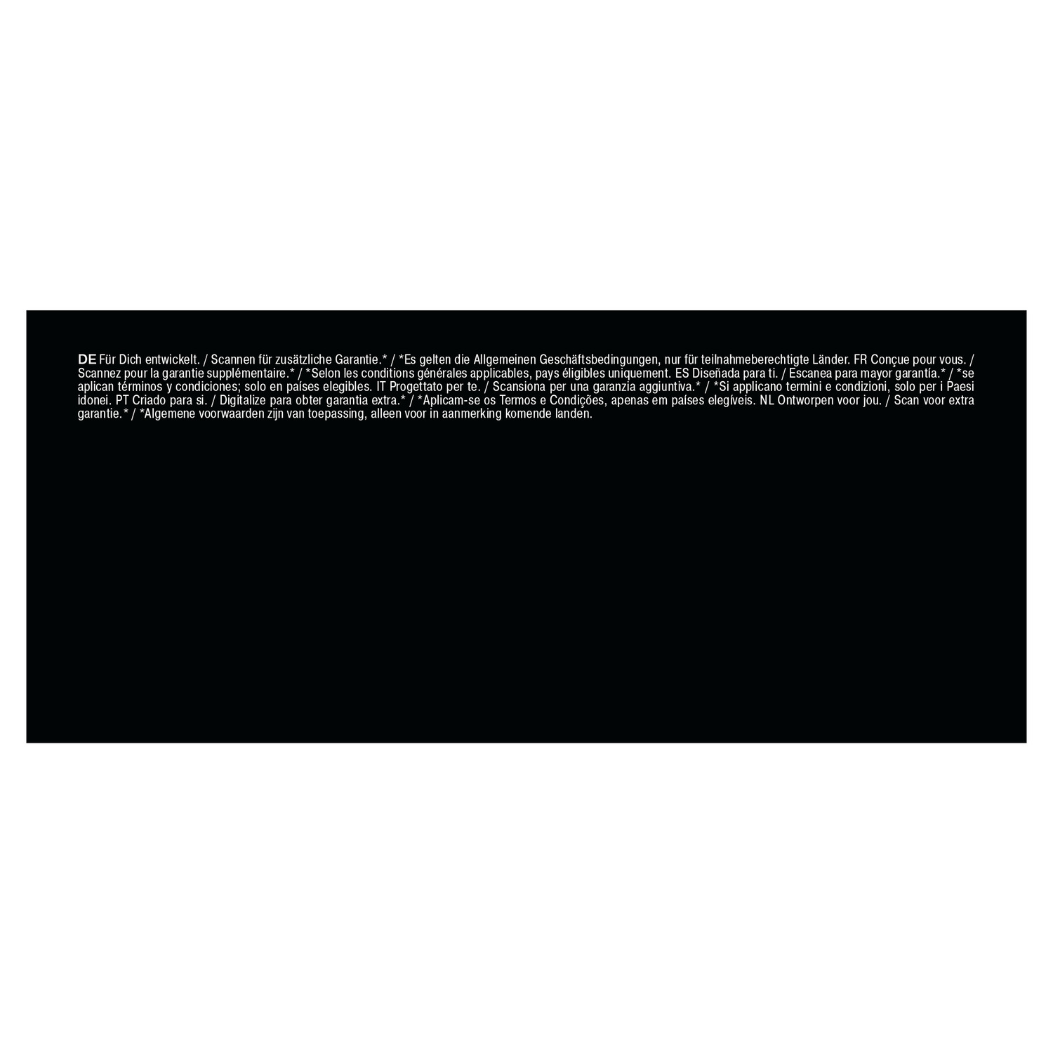 Black background with text in multiple languages about warranty and terms of service.