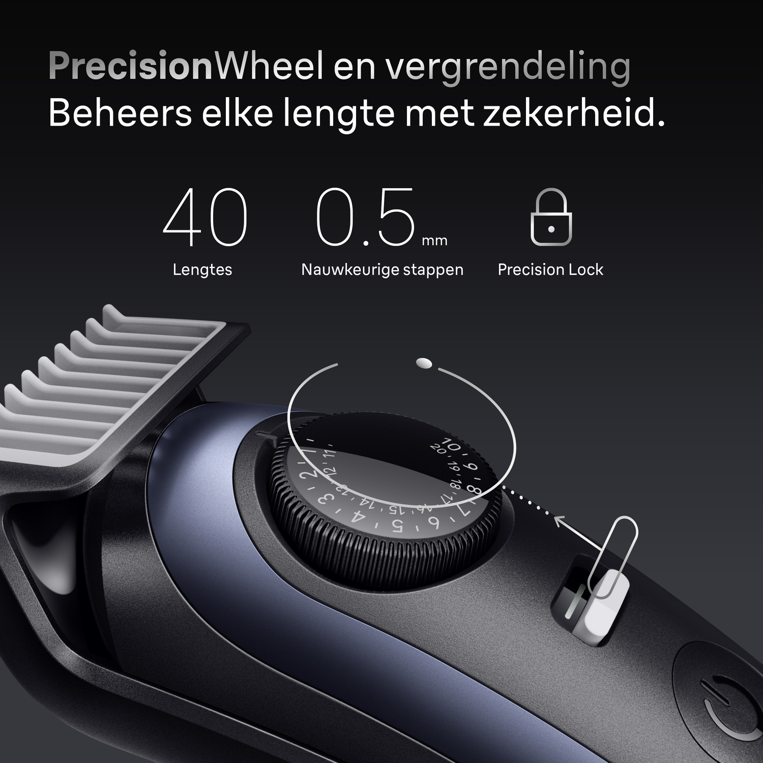 Close-up of a trimmer's control wheel with numbers and a lock symbol. Text says 'PrecisionWheel'.