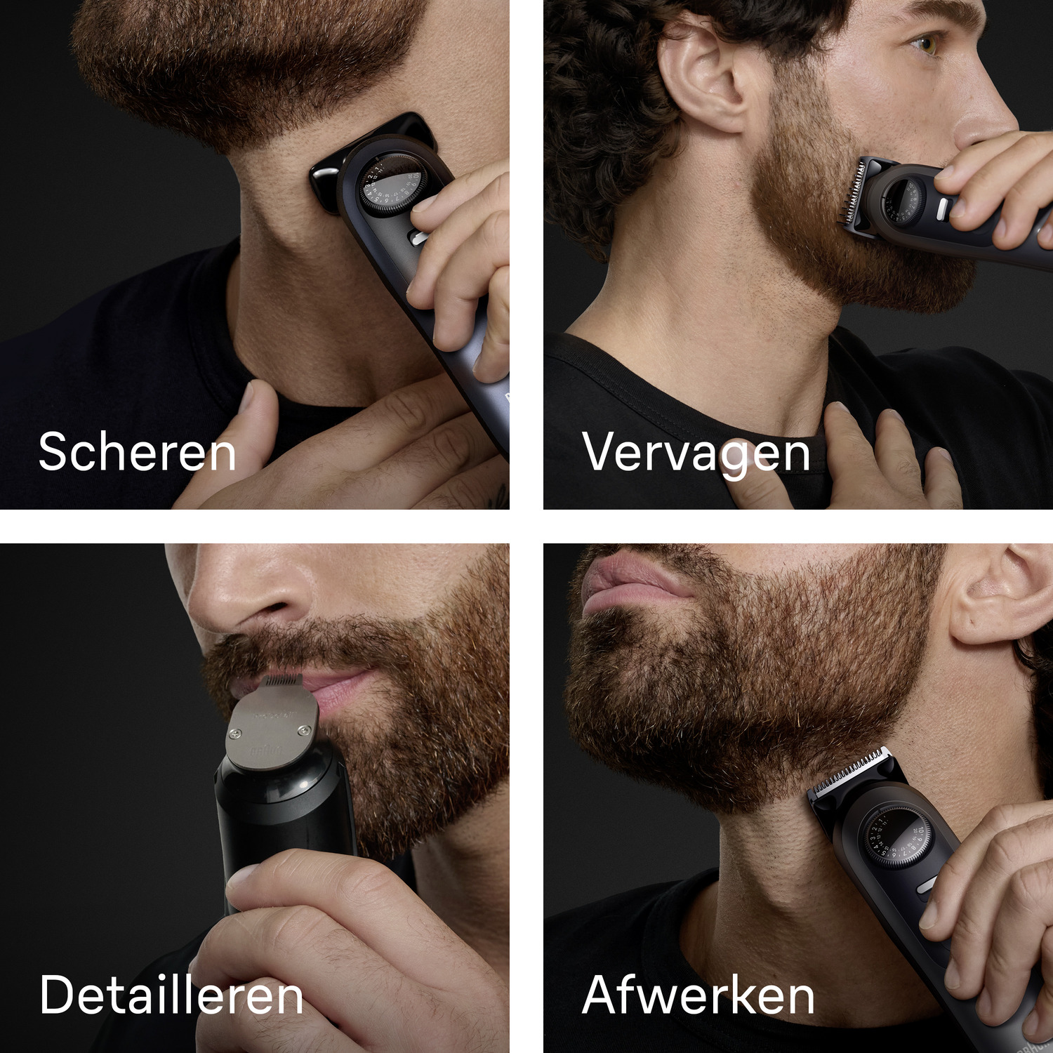 Men using trimmer on their beards, with text labels in Dutch.