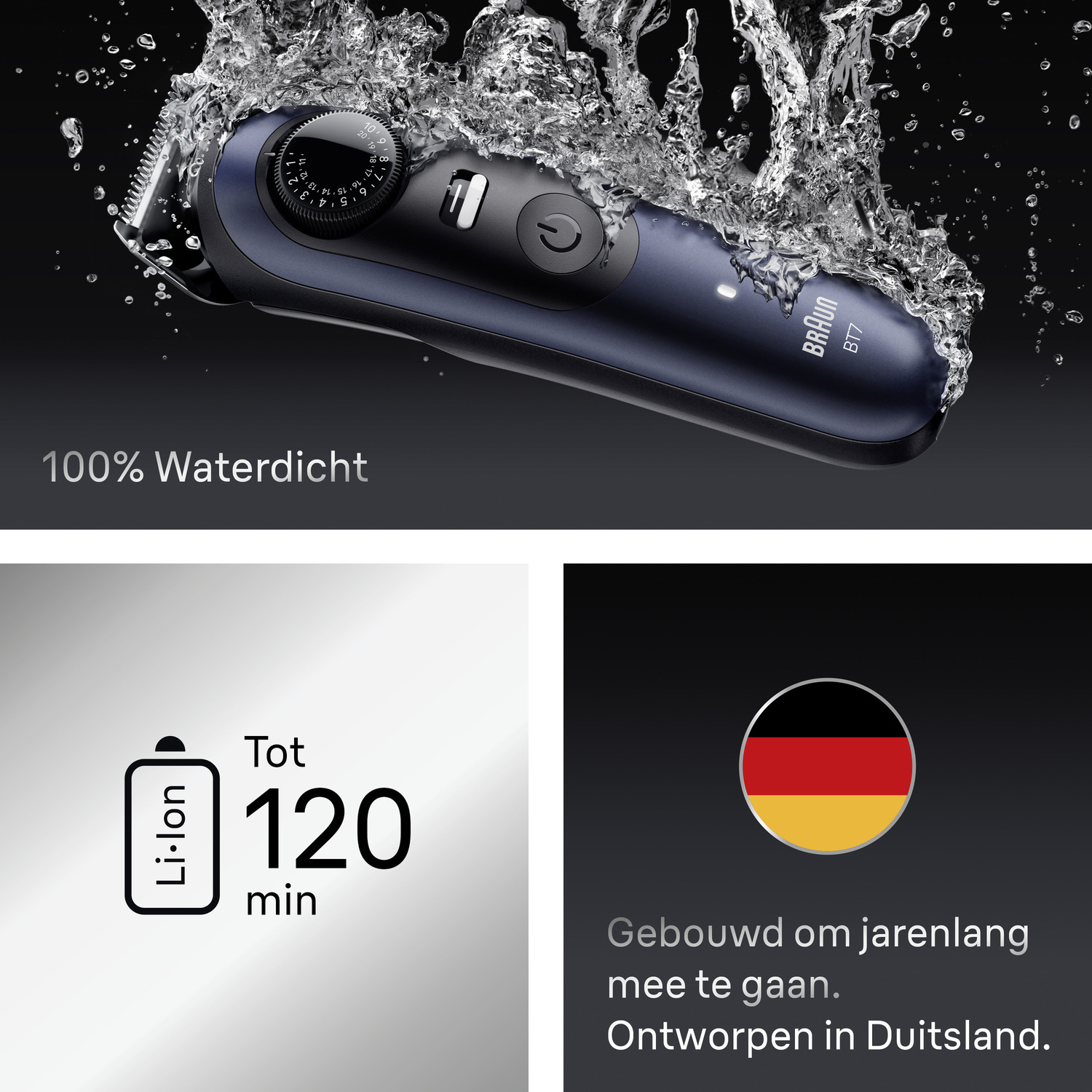 A blue and black Braun beard trimmer submerged in water, with text.